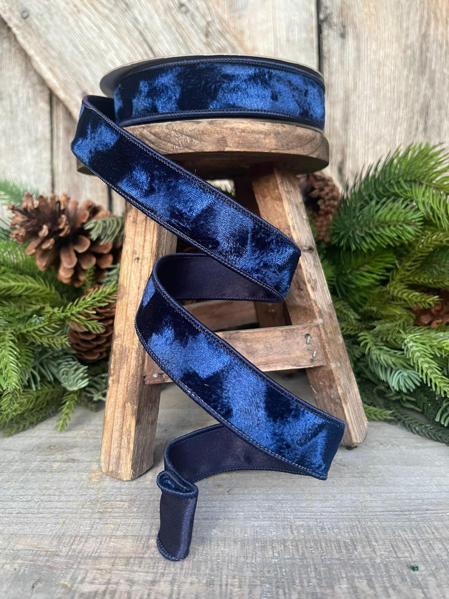 1" Navy Blue Velvet Ribbon, Silken Velvet Ribbon, Farrisilk Wired Velvet Ribbon