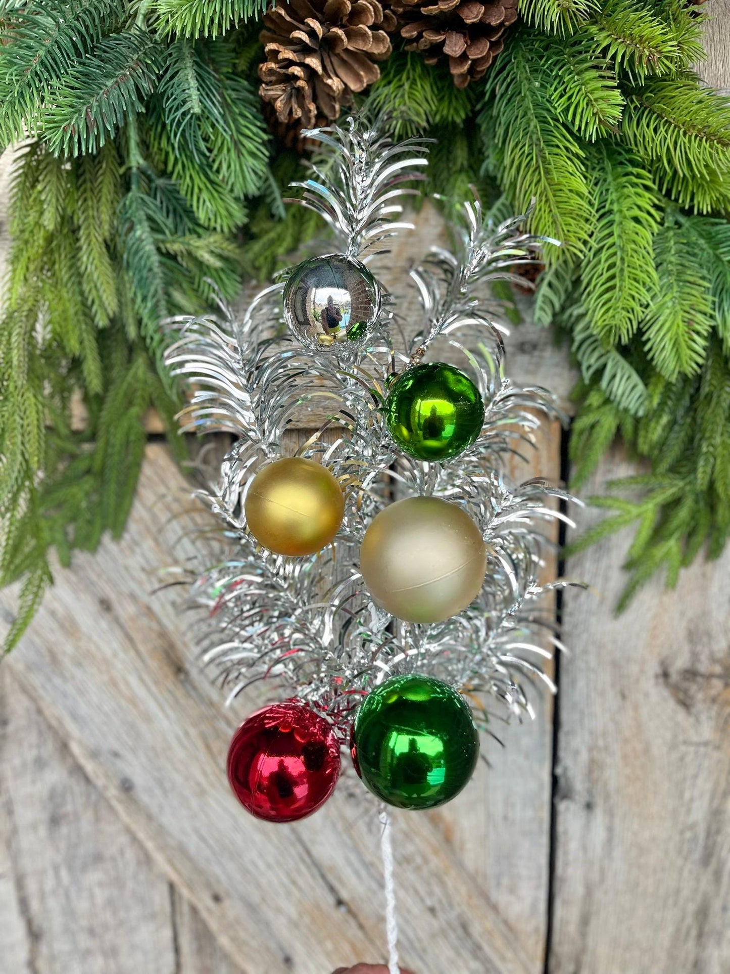 24" Silver Tinsel Spray, Ornament Spray, Vintage Christmas Spray