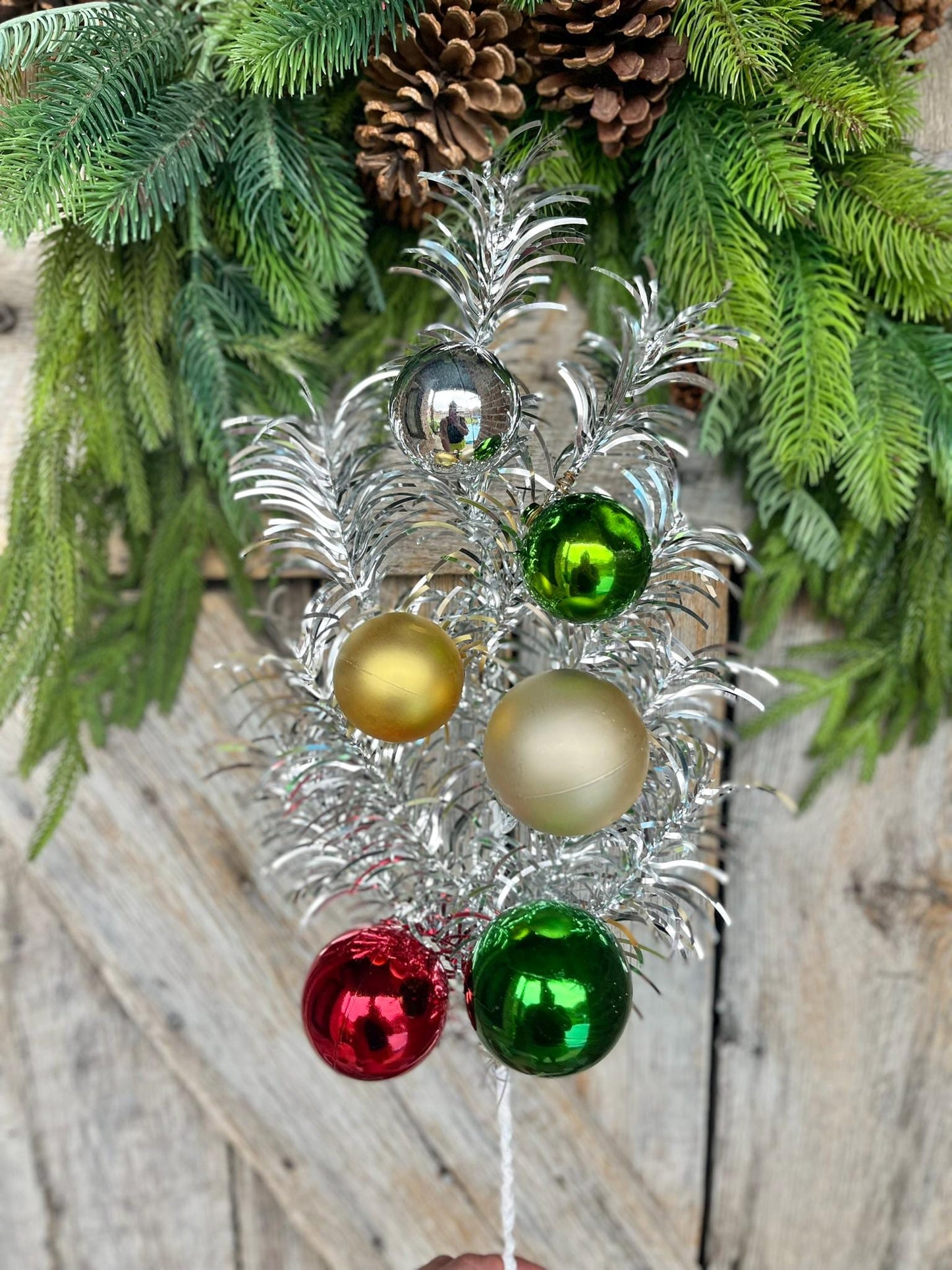 24" Silver Tinsel Spray, Ornament Spray, Vintage Christmas Spray