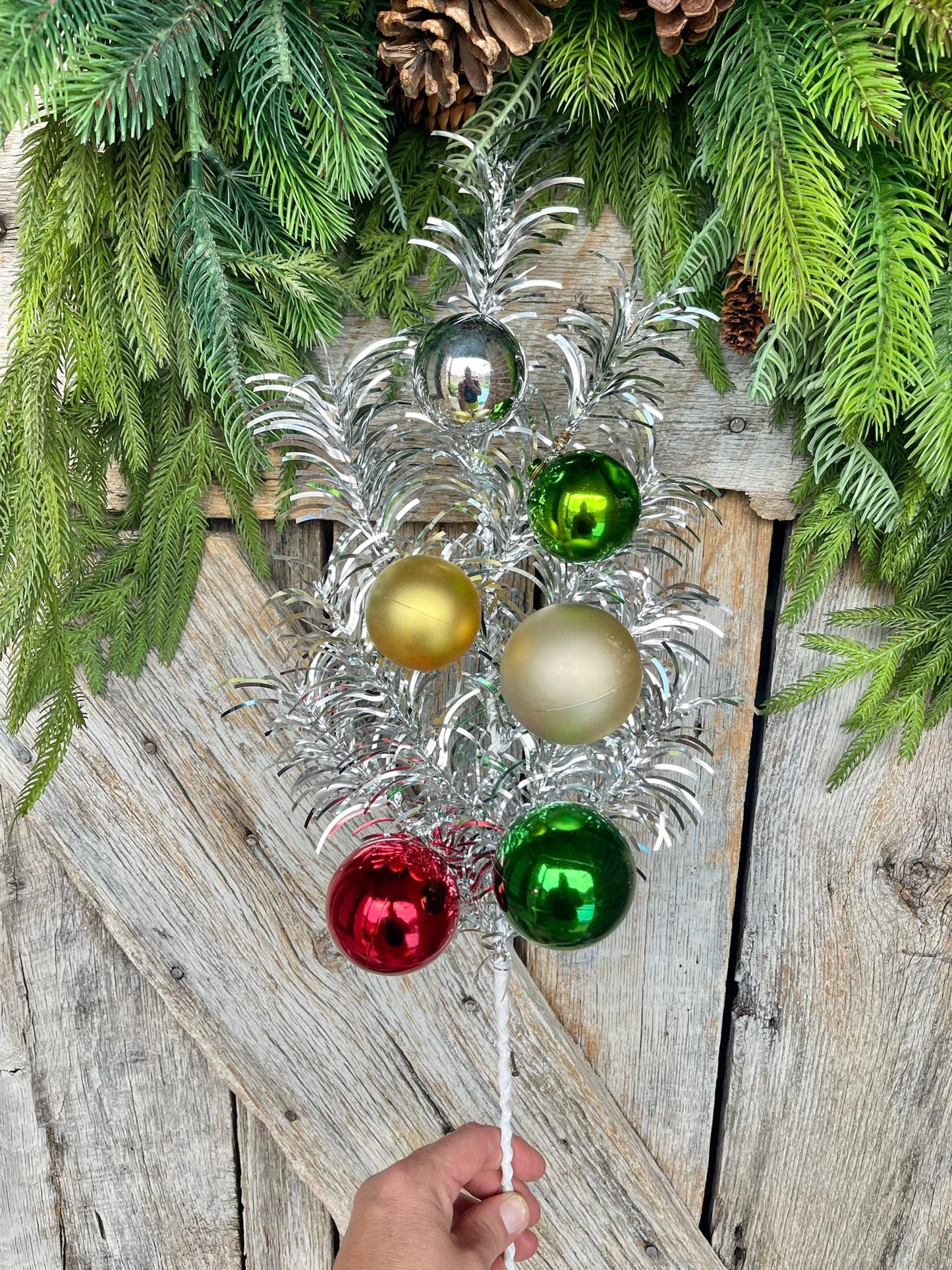 24" Silver Tinsel Spray, Ornament Spray, Vintage Christmas Spray