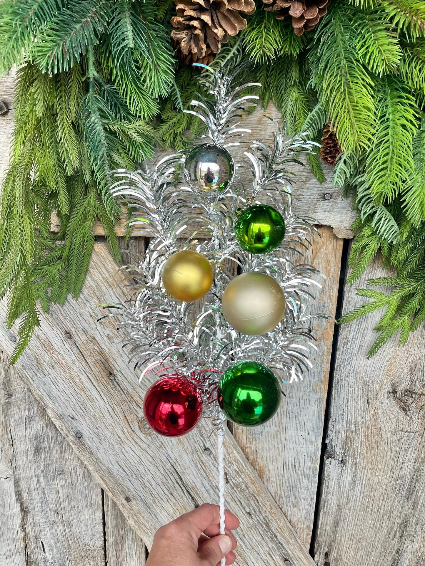 24" Silver Tinsel Spray, Ornament Spray, Vintage Christmas Spray