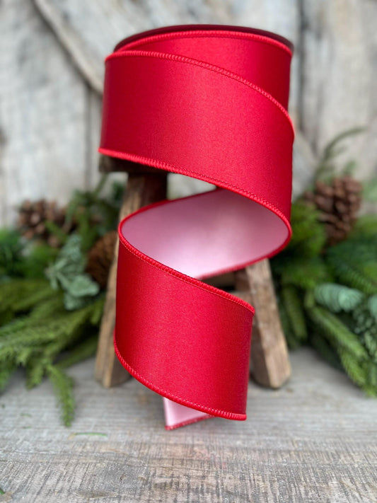 2.5 Red Pink Satin Duo Ribbon, Farrisilk Ribbon, Christmas Ribbon
