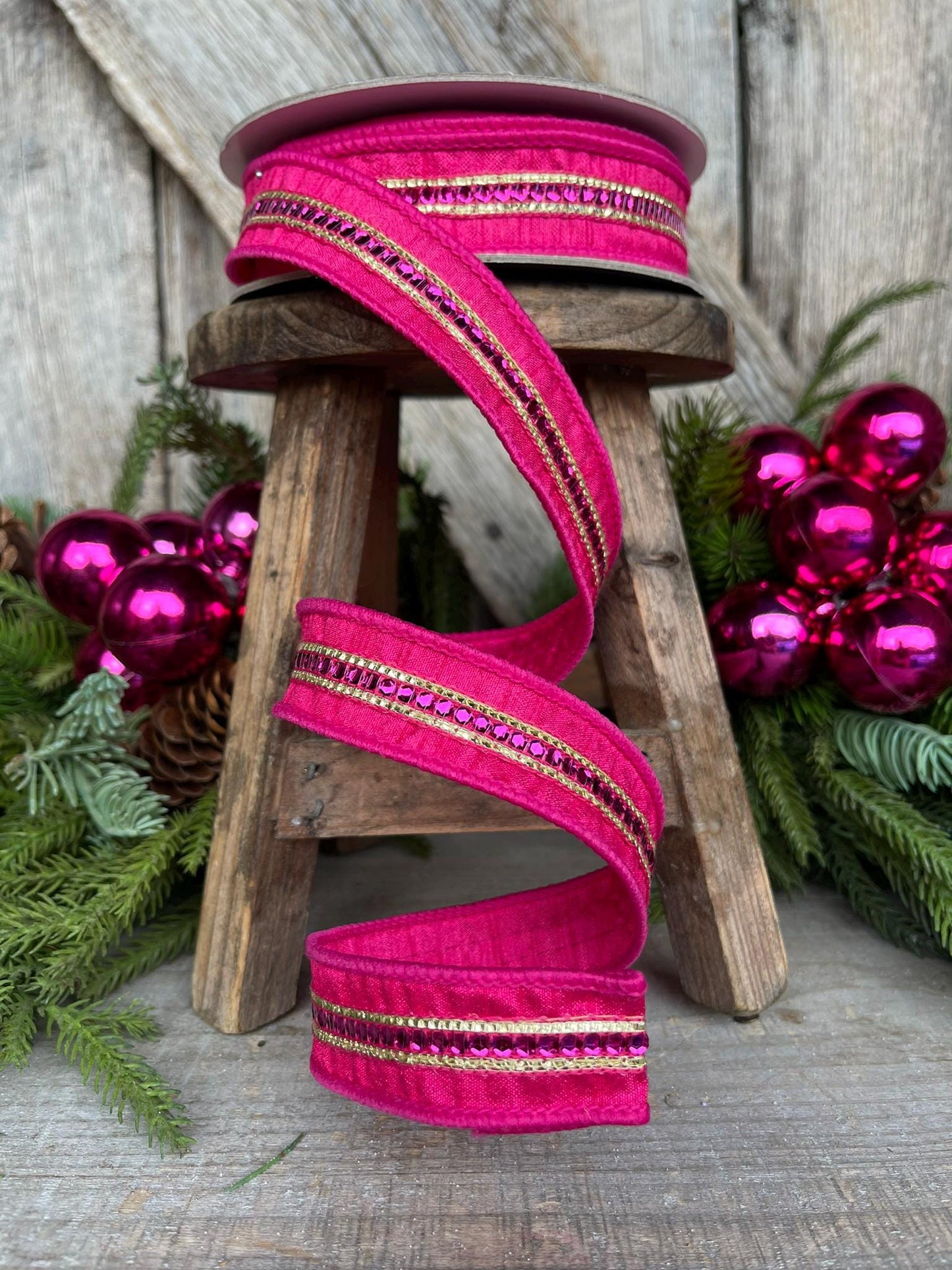 1" Hot Pink Twinkle Trim Ribbon, Farrisilk ribbon, Pink Jeweled RIbbon