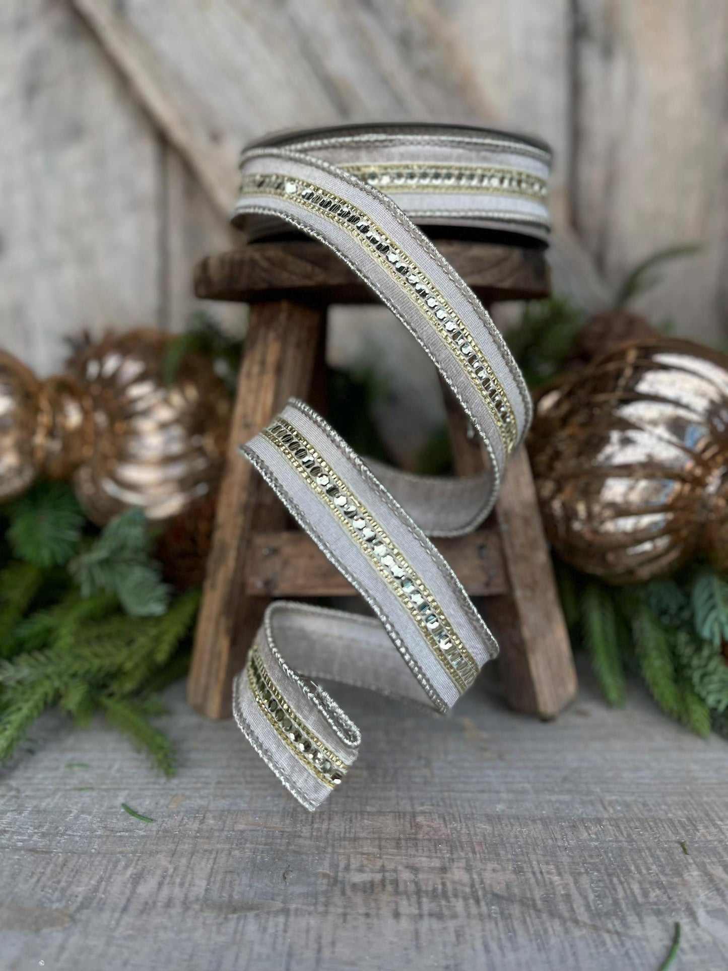 1" Platinum GoldTwinkle Trim Ribbon, Farrisilk ribbon, Platinum Jeweled RIbbon