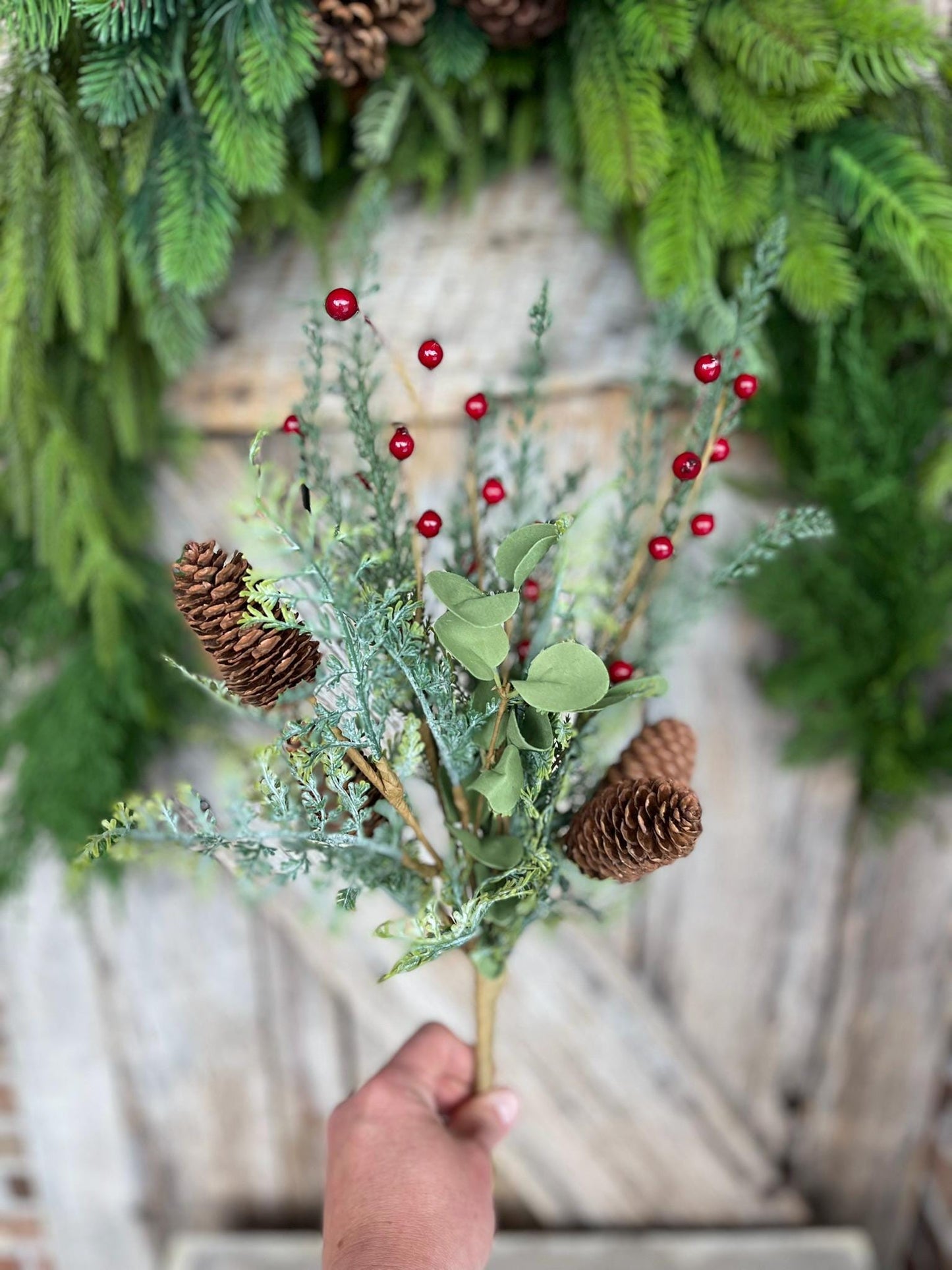 18" Mixed Pinecone Spray, Winter Pine Spray, Artificial Pine
