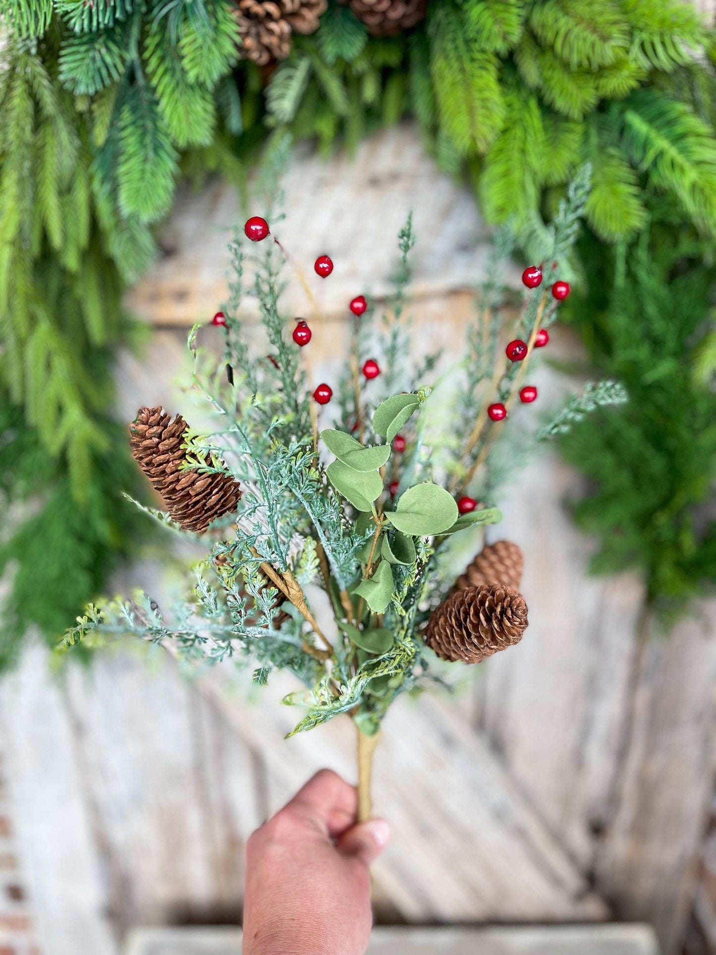 18" Mixed Pinecone Spray, Winter Pine Spray, Artificial Pine