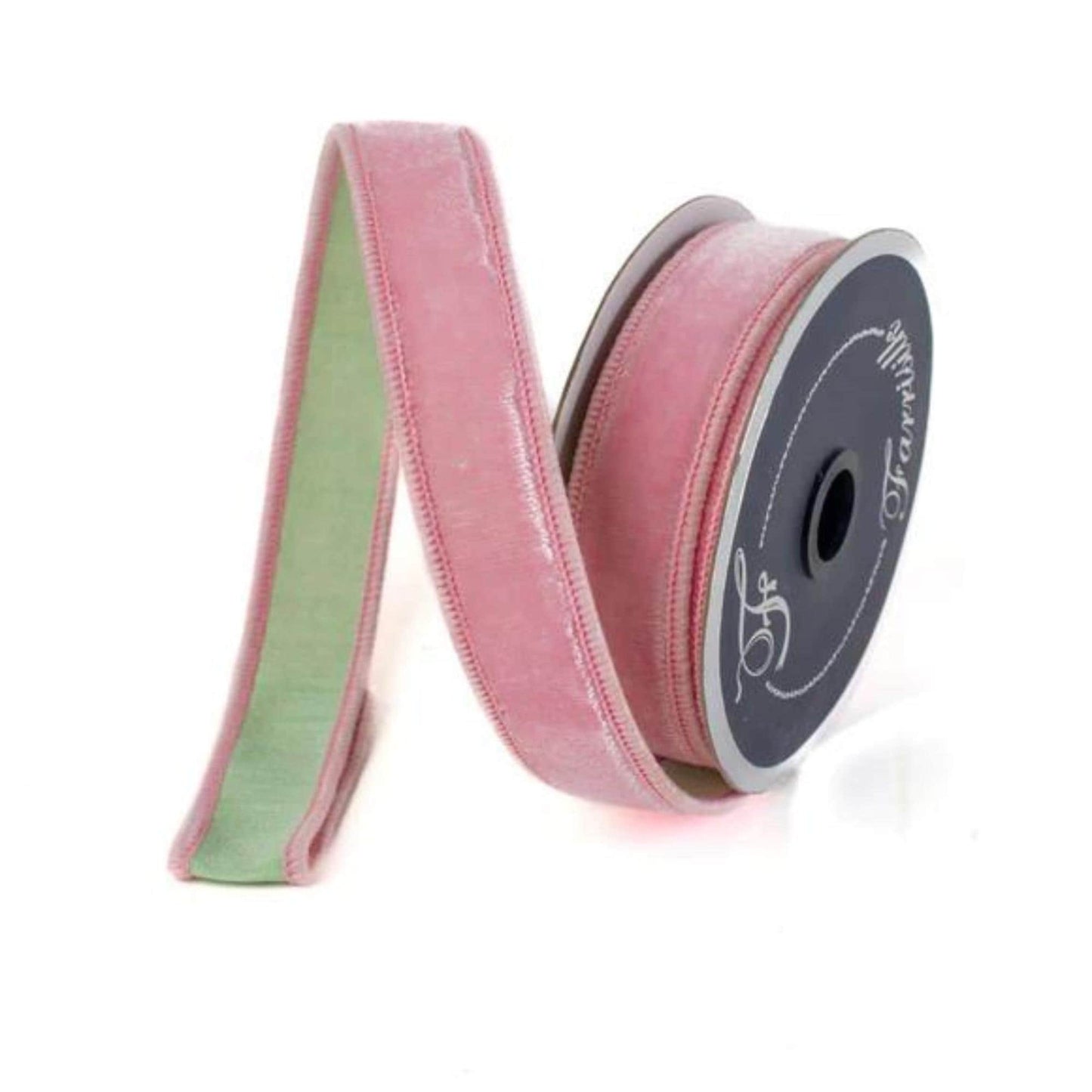 1" Pink Mint Green Velvet, Farrisilk Ribbon, Wired Ribbon