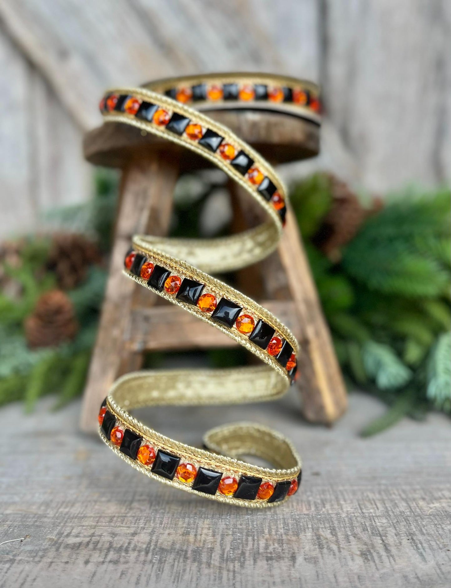 3/4" Halloween Garland Ribbon, Halloween Jeweled Ribbon, Orange Black Jeweled RIbbon
