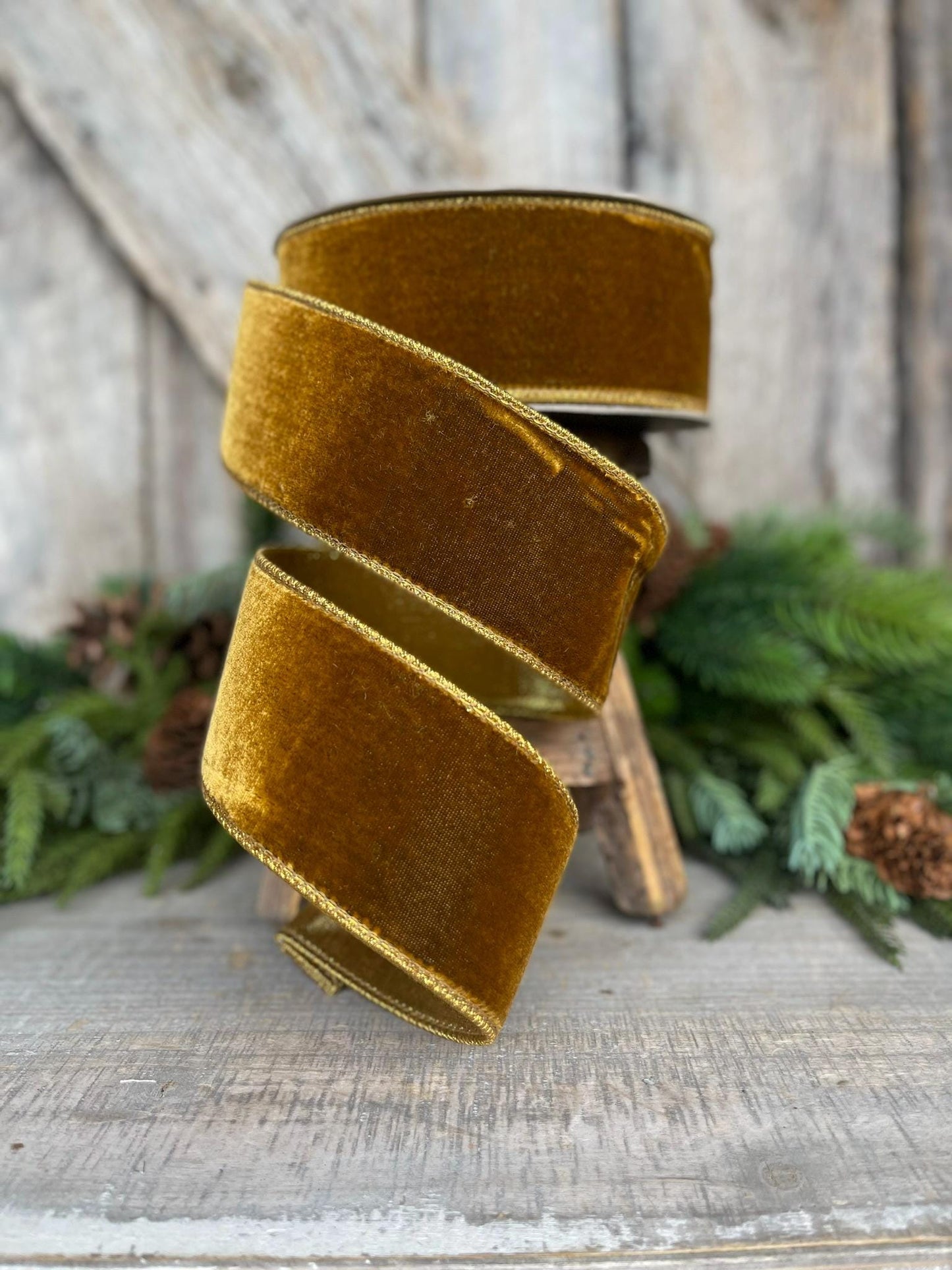 2.5" Antique Gold Wired Ribbon, Farrisilk Ribbon, Velvet Ribbon