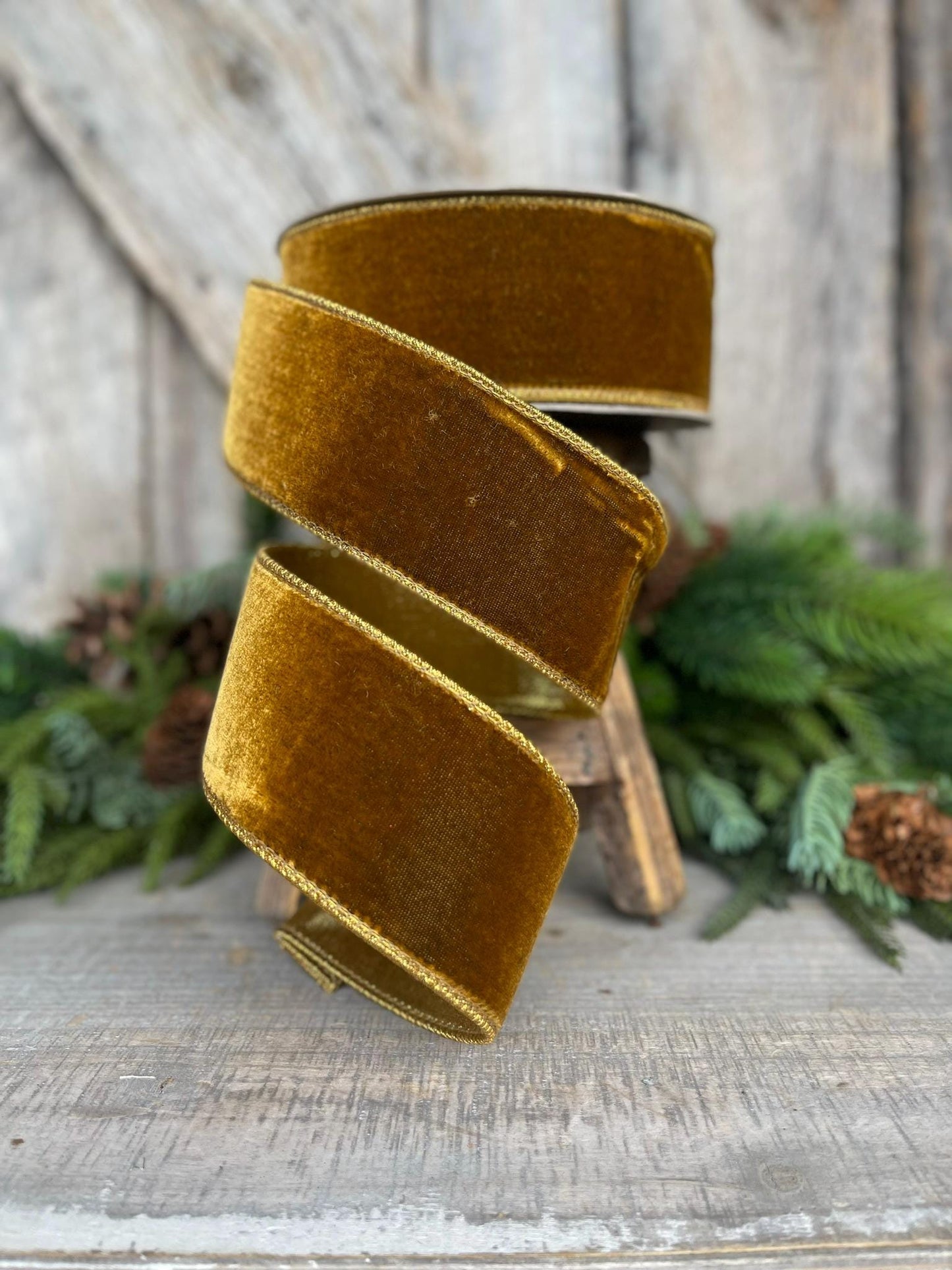 2.5" Antique Gold Wired Ribbon, Farrisilk Ribbon, Velvet Ribbon