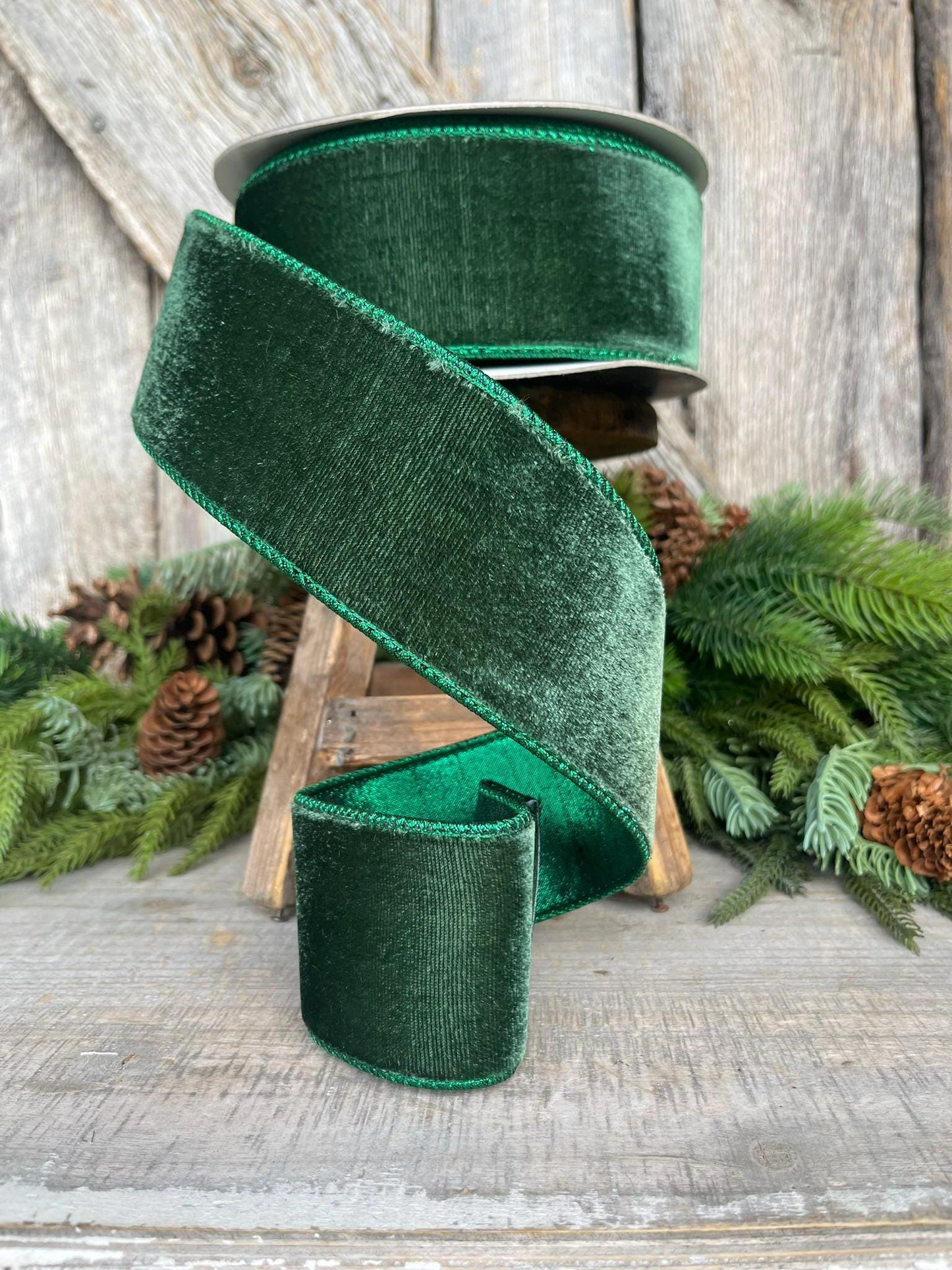 2.5" Dark Pine Velvet Ribbon, Farrisilk Ribbon