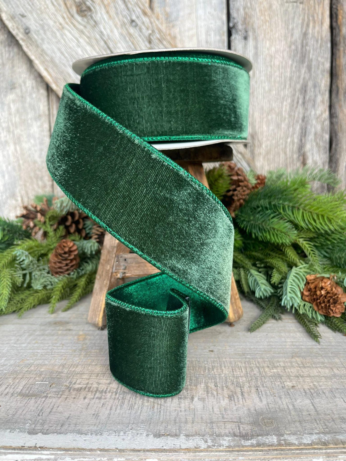 2.5" Dark Pine Velvet Ribbon, Farrisilk Ribbon