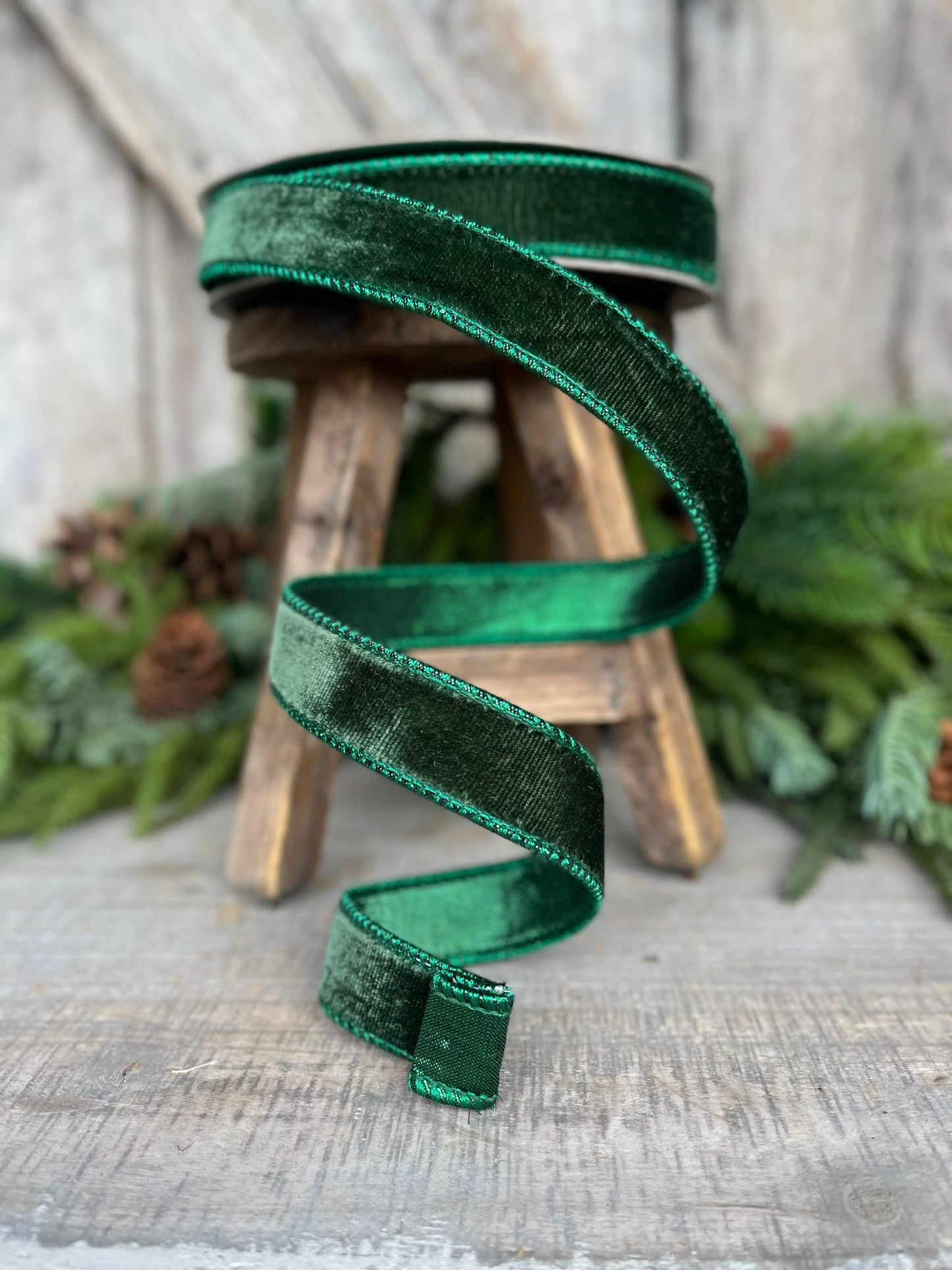 1" Dark Pine Green Velvet, Christmas Tree Ribbon, Farrisilk Velvet