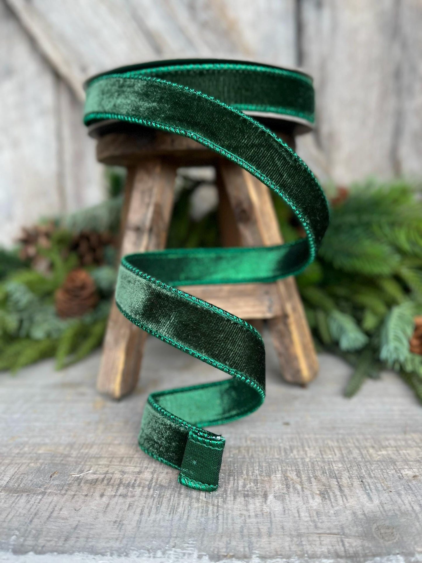 1" Dark Pine Green Velvet, Christmas Tree Ribbon, Farrisilk Velvet