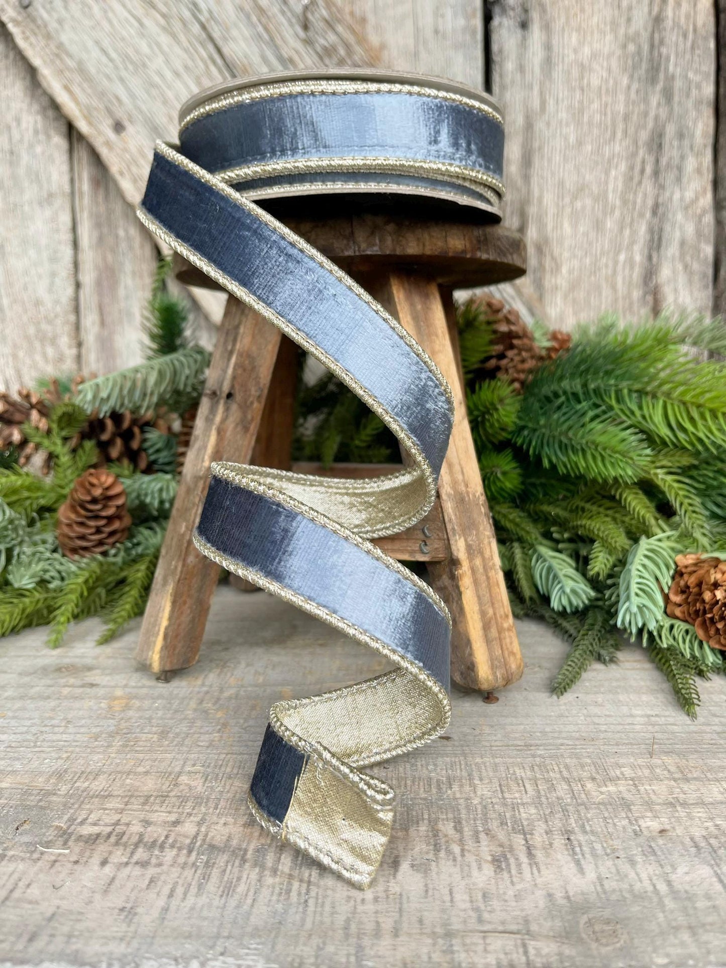 1" Steel Blue Satin Velvet Ribbon, Farrisilk Ribbon, Steel Blue Ribbon