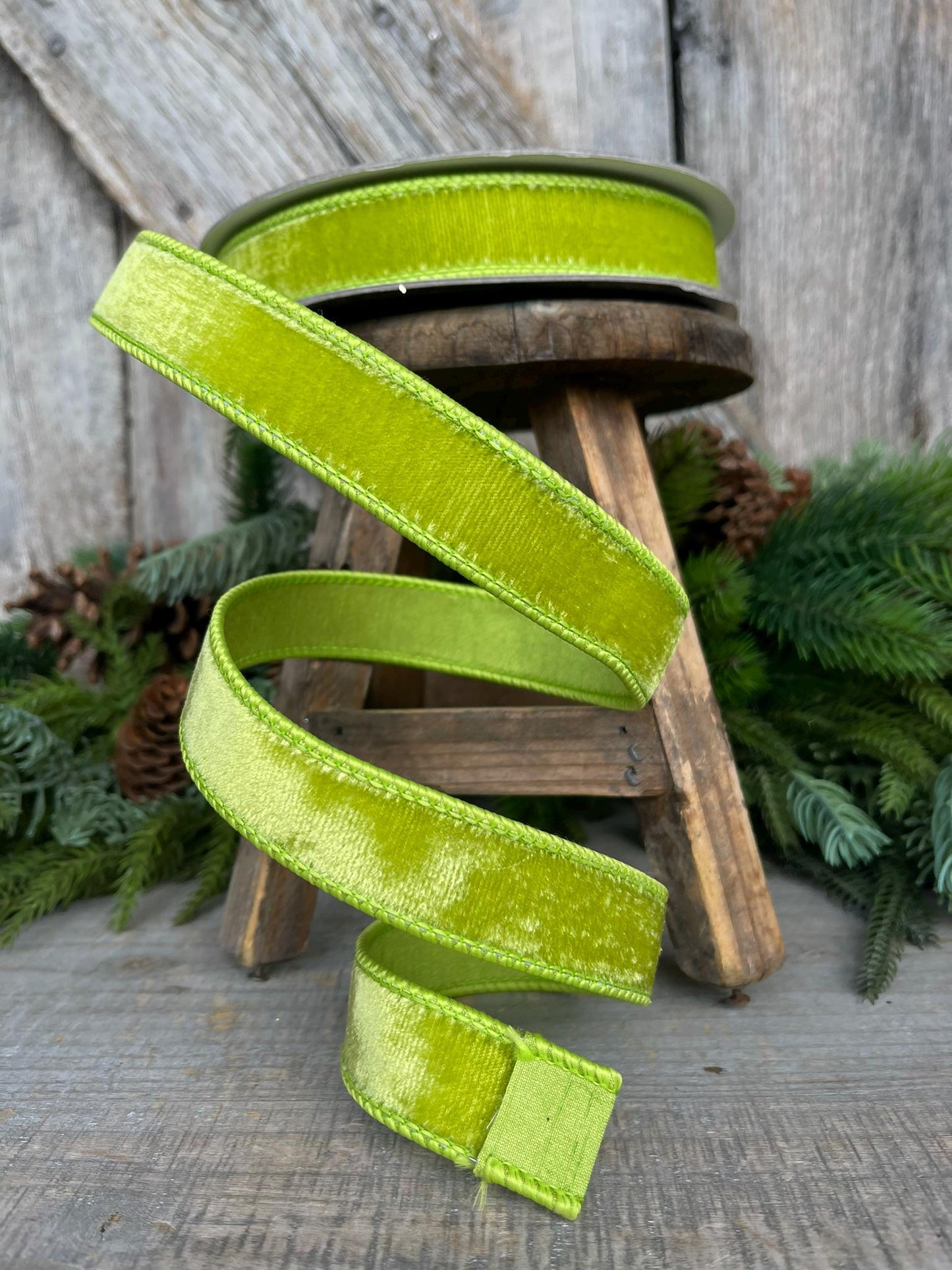 1" Apple Green Velvet Ribbon, Farrisilk Ribbon, Velvet RIbbon