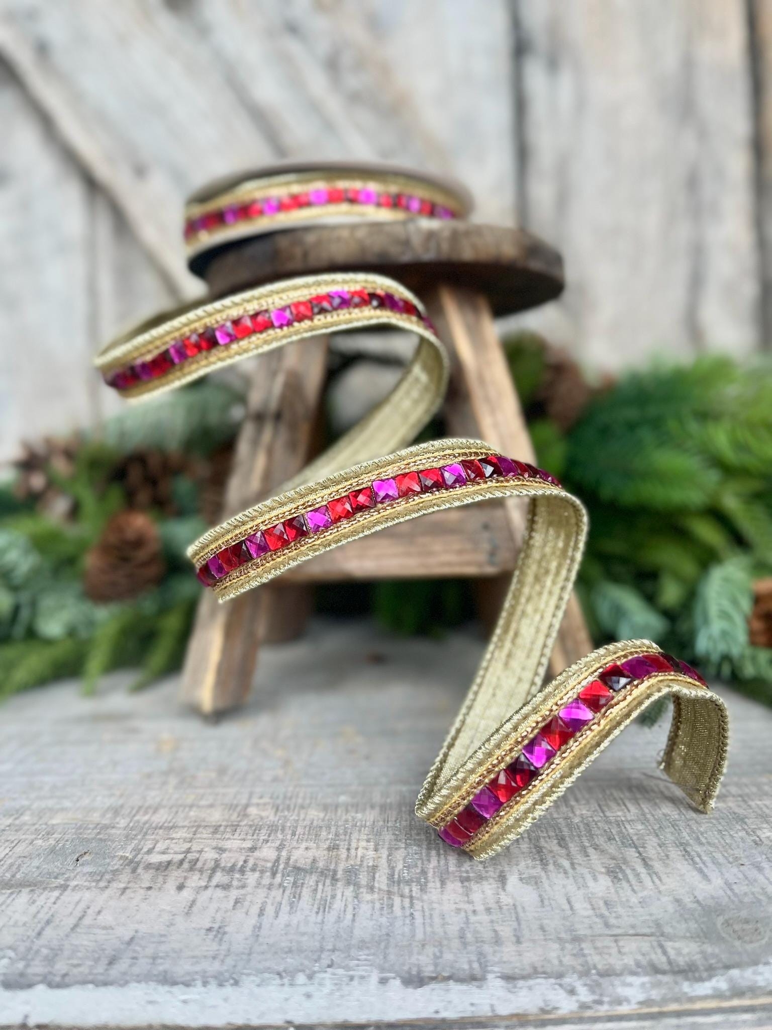 3/4" Hot Pink Red Jeweled Ribbon, Farrisilk Ribbon, Red and Pink Jewelry Garland