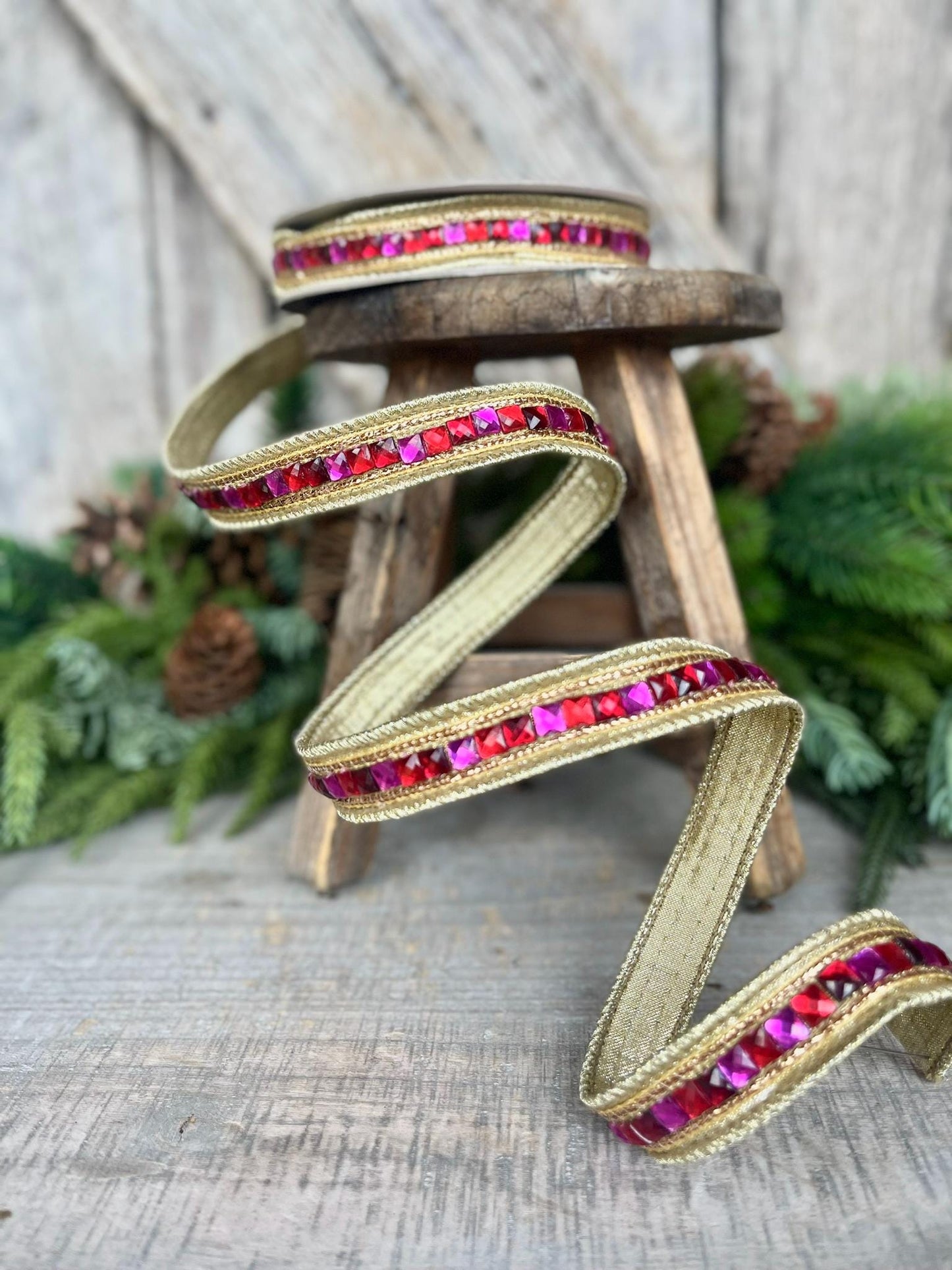 3/4" Hot Pink Red Jeweled Ribbon, Farrisilk Ribbon, Red and Pink Jewelry Garland