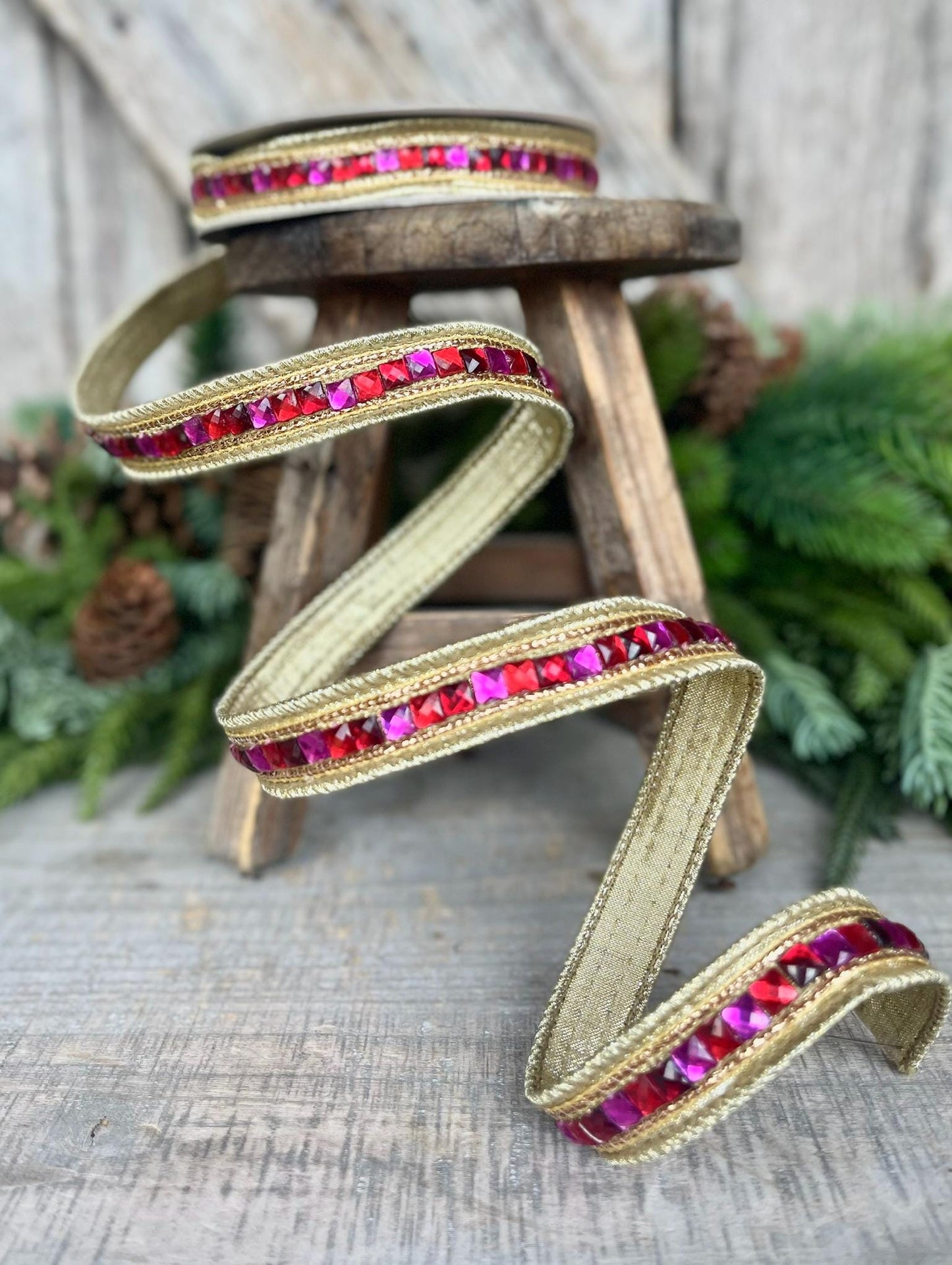 3/4" Hot Pink Red Jeweled Ribbon, Farrisilk Ribbon, Red and Pink Jewelry Garland