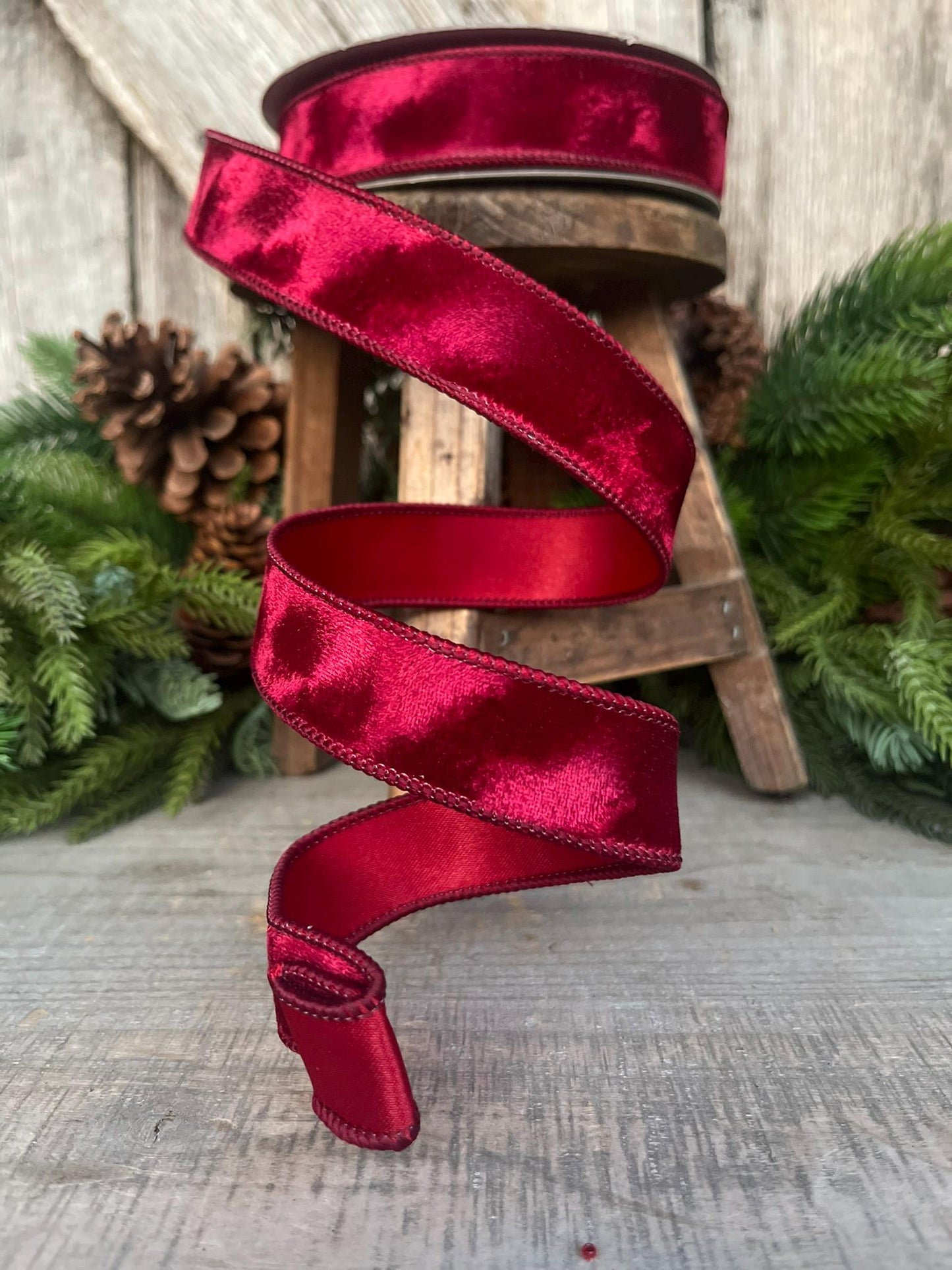 1” Burgundy Silken Velvet Ribbon, Farrisilk ribbon