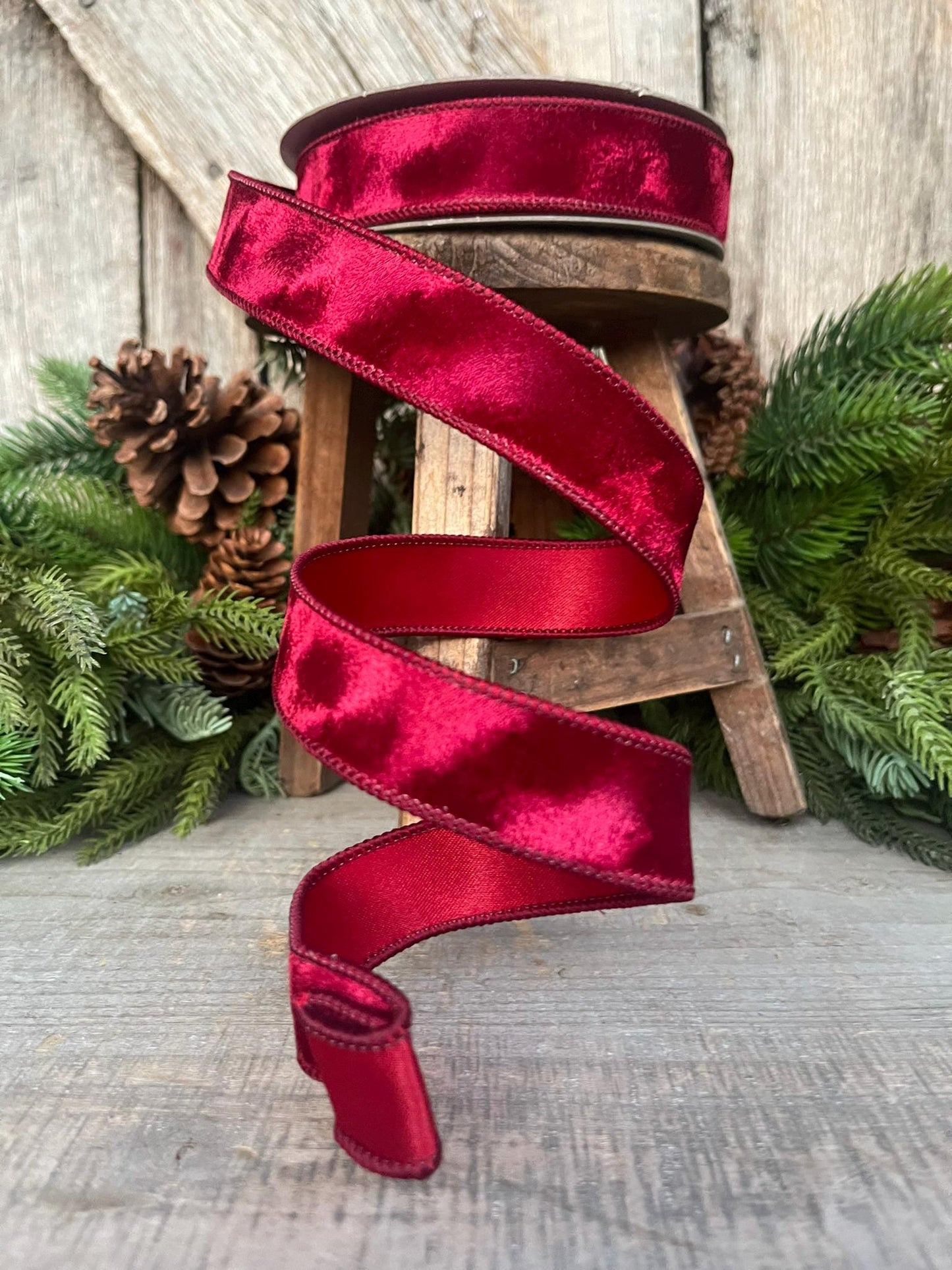 1” Burgundy Silken Velvet Ribbon, Farrisilk ribbon, Velvet ribbon