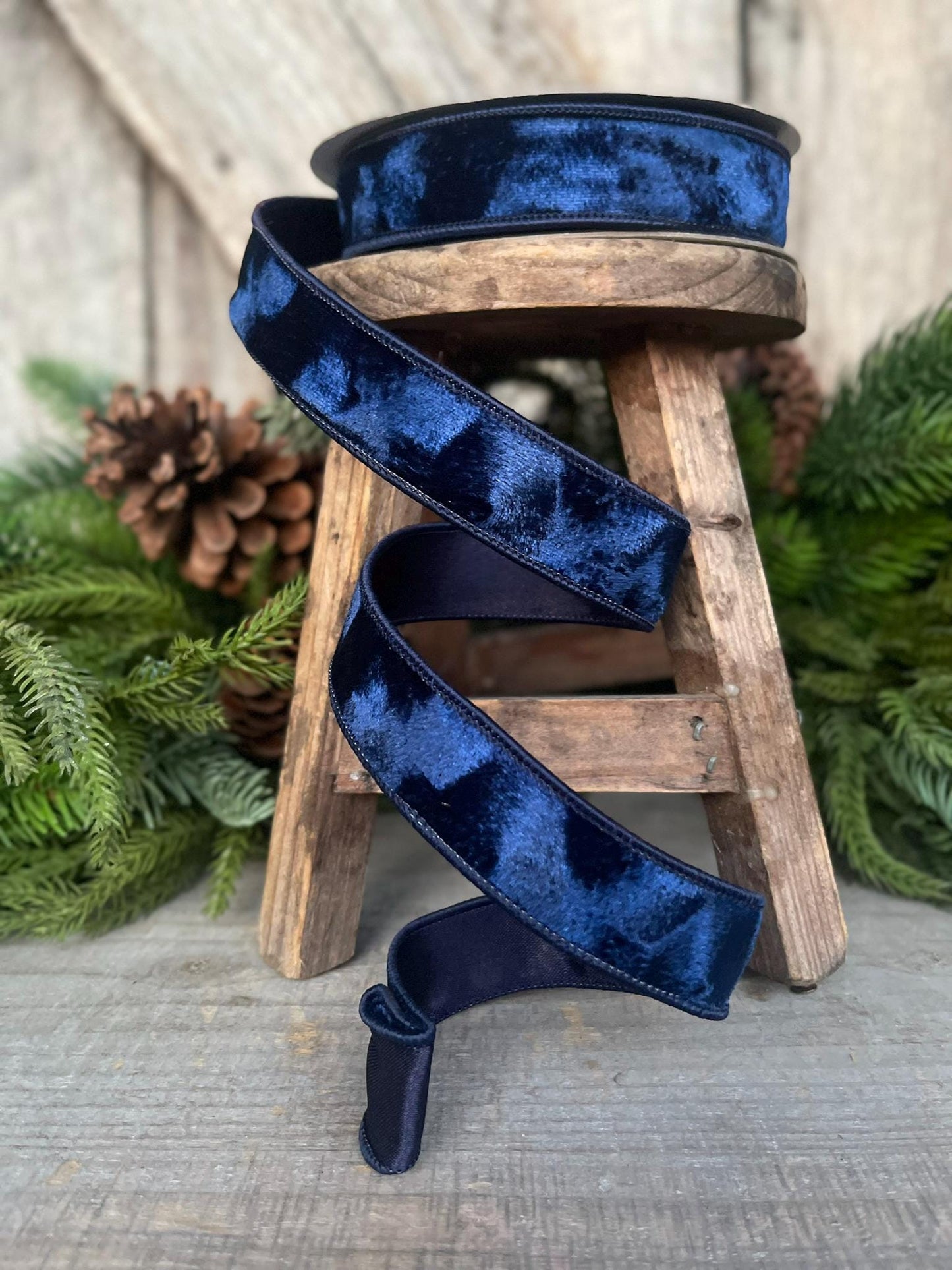 1" Navy Blue Velvet Ribbon, Silken Velvet Ribbon, Farrisilk Wired Velvet Ribbon
