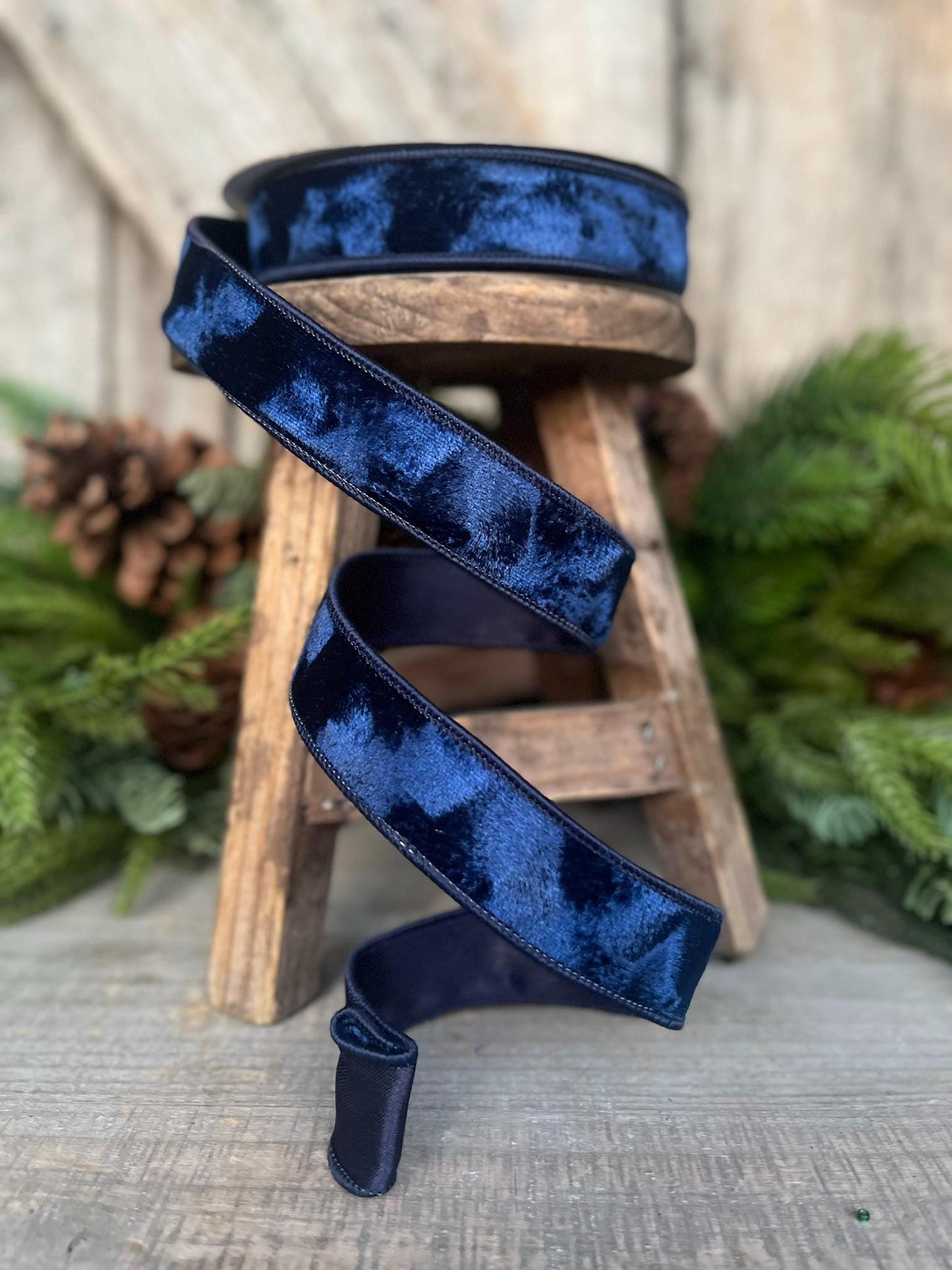 1" Navy Blue Velvet Ribbon, Silken Velvet Ribbon, Farrisilk Wired Velvet Ribbon