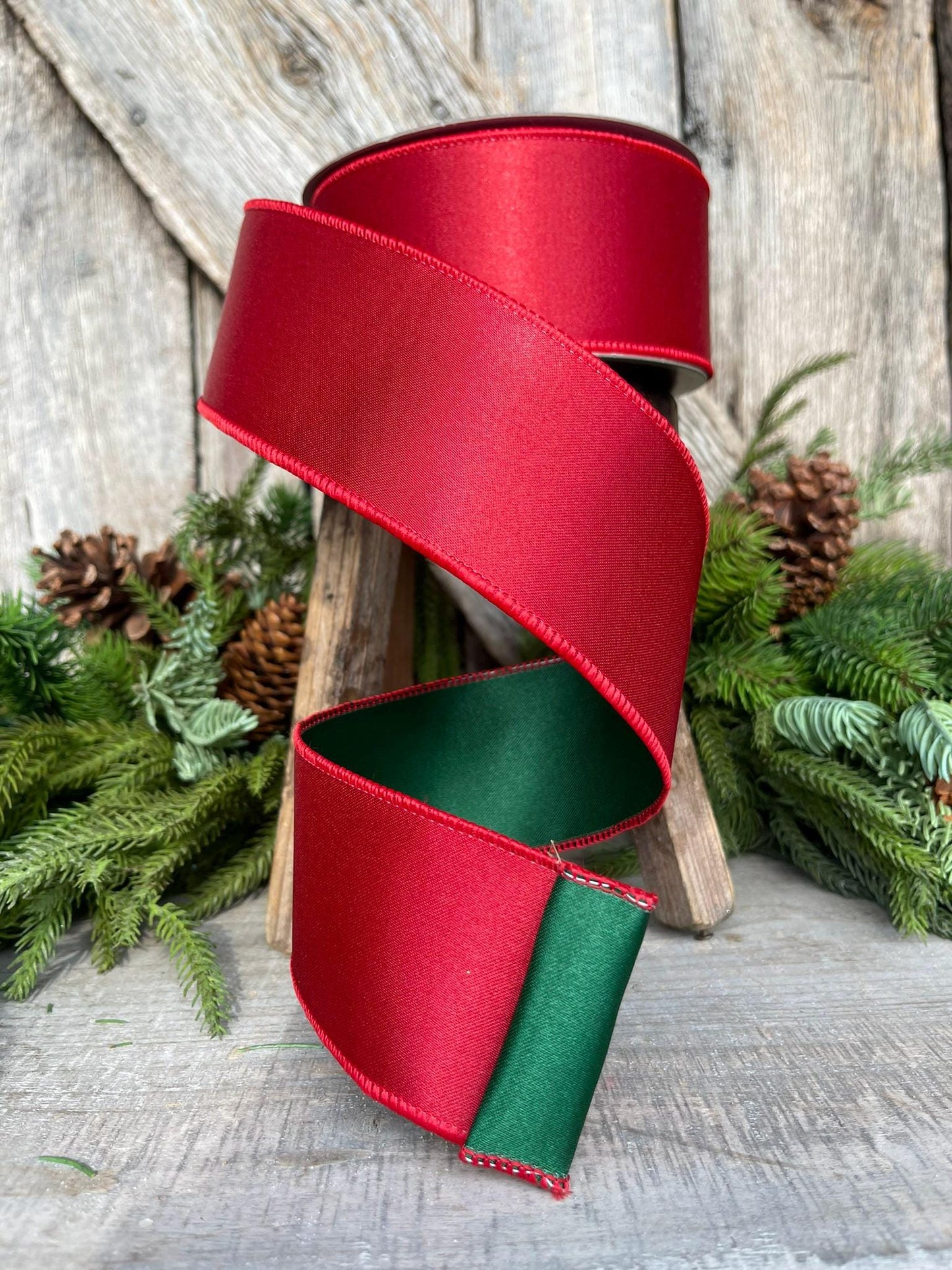 2.5 Red Green Satin Duo Ribbon, Farrisilk Ribbon
