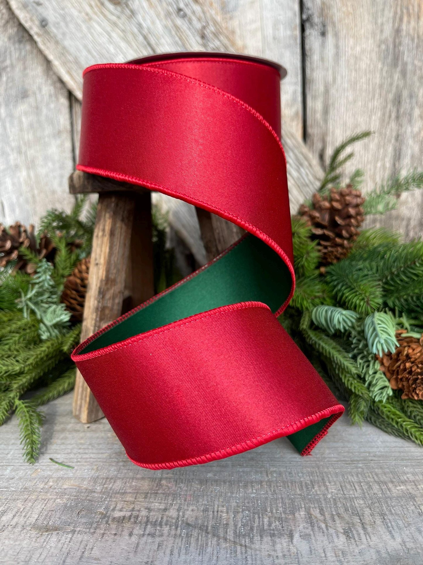 2.5 Red Green Satin Duo Ribbon, Farrisilk Ribbon