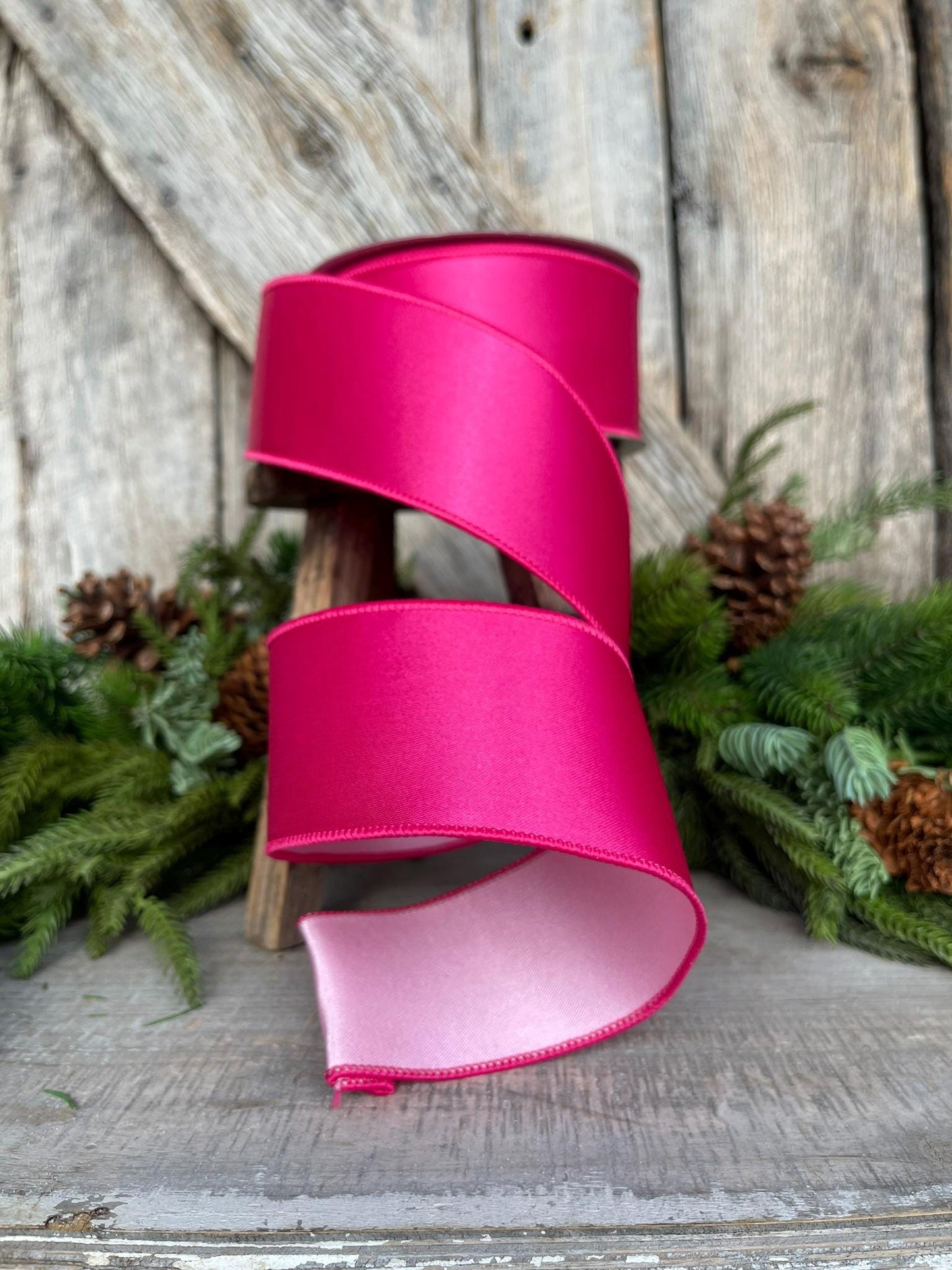 2.5" Hot Pink Light Pink Wired Satin Ribbon, Farrisilk Ribbon, Duo Satin Ribbon