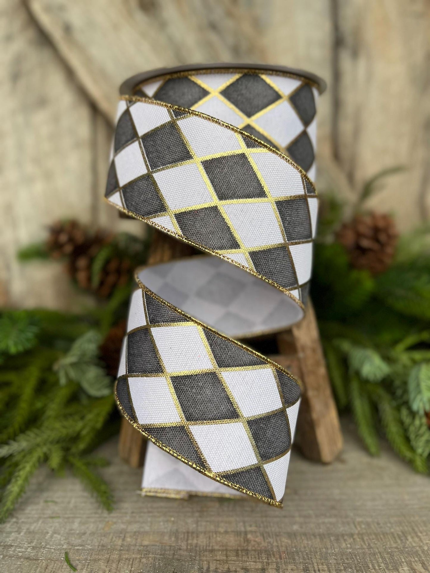 2.5" Black White Antique Diamonds Ribbon, Farrisilk Ribbon, Harlequin Ribbon