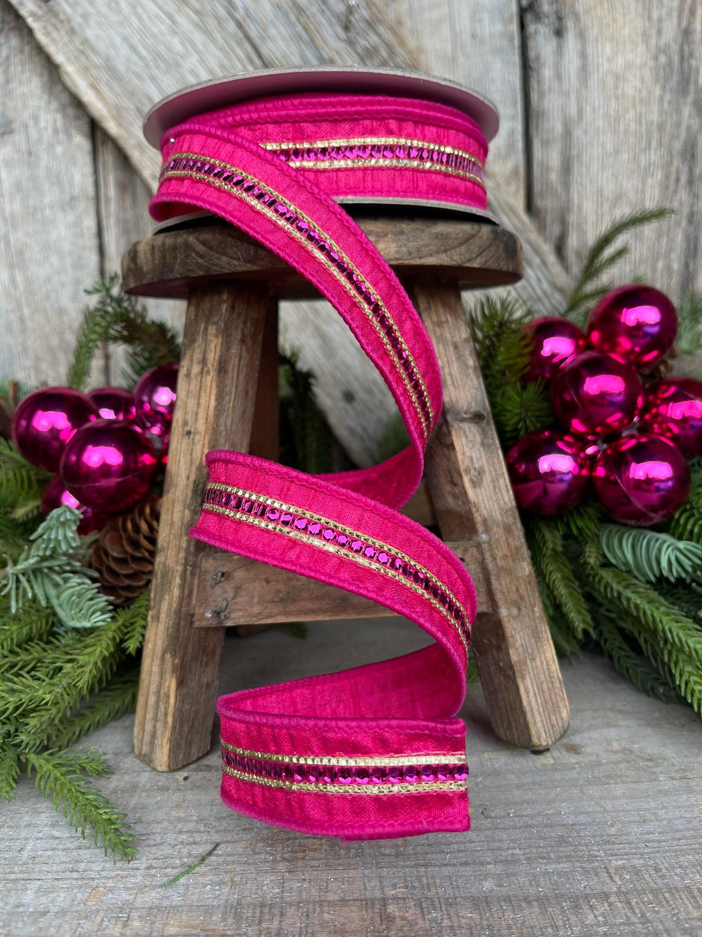 1" Hot Pink Twinkle Trim Ribbon, Farrisilk ribbon, Pink Jeweled RIbbon