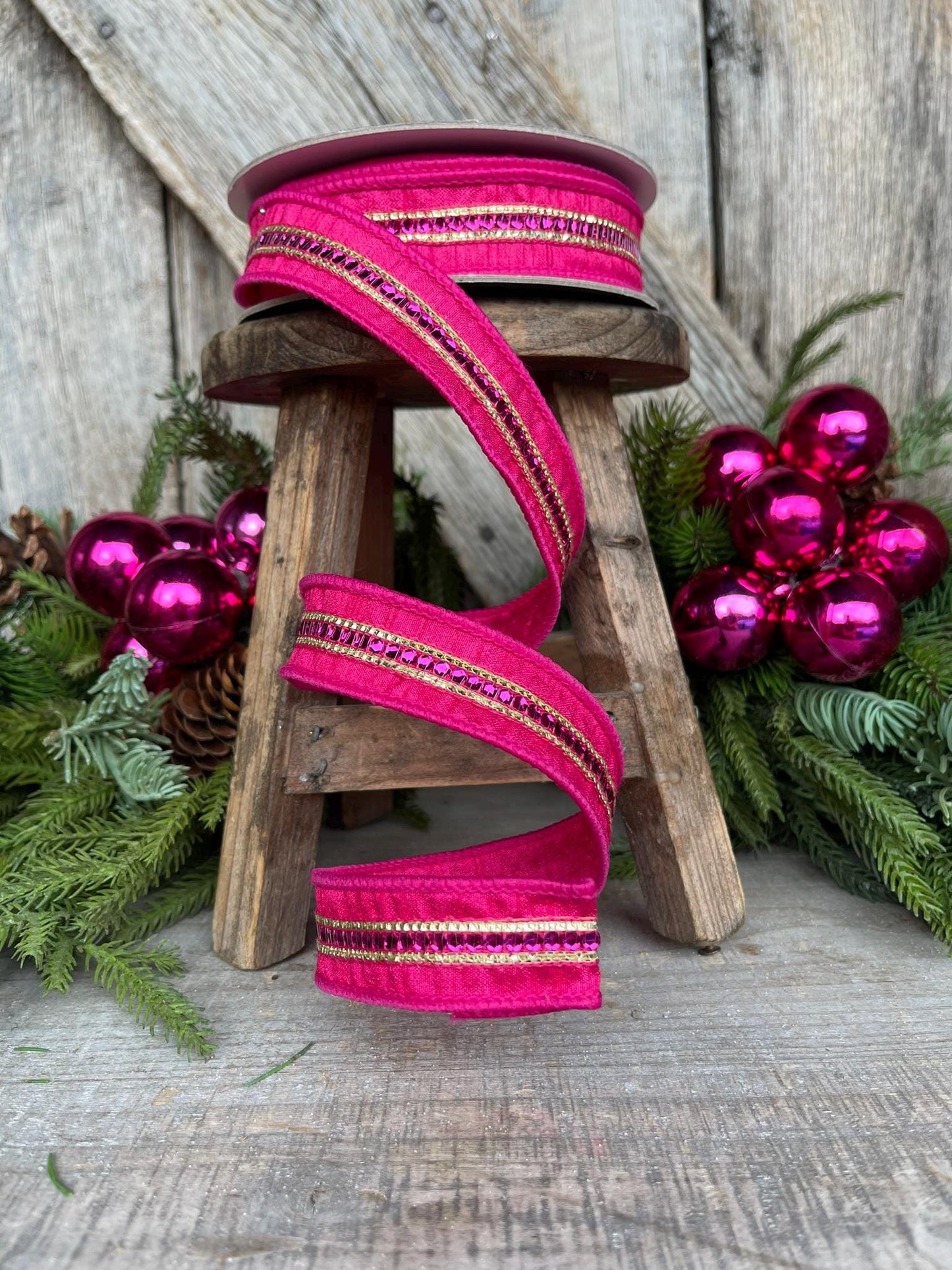 1" Hot Pink Twinkle Trim Ribbon, Farrisilk ribbon, Pink Jeweled RIbbon