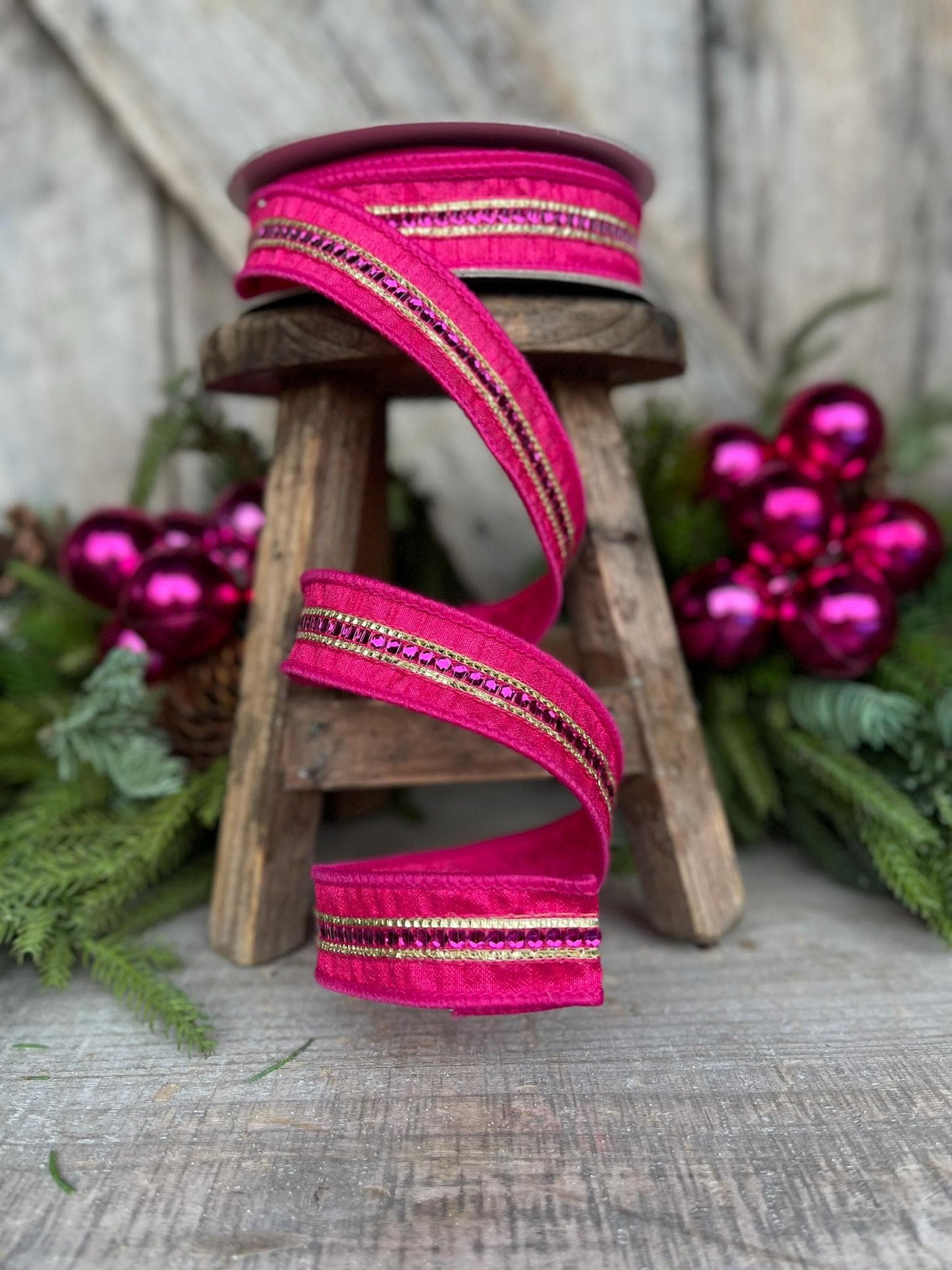 1" Hot Pink Twinkle Trim Ribbon, Farrisilk ribbon, Pink Jeweled RIbbon