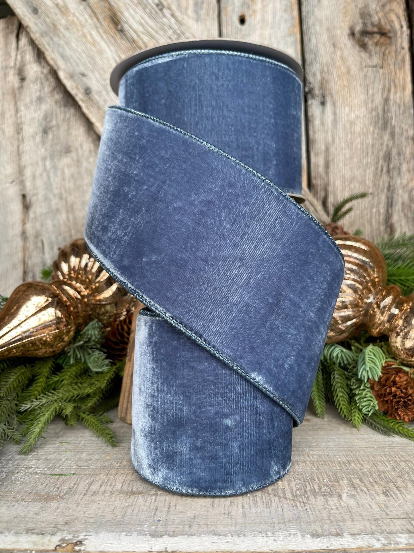 4” Steel Blue Velvet Ribbon, Velvet ribbon, Christmas Ribbon