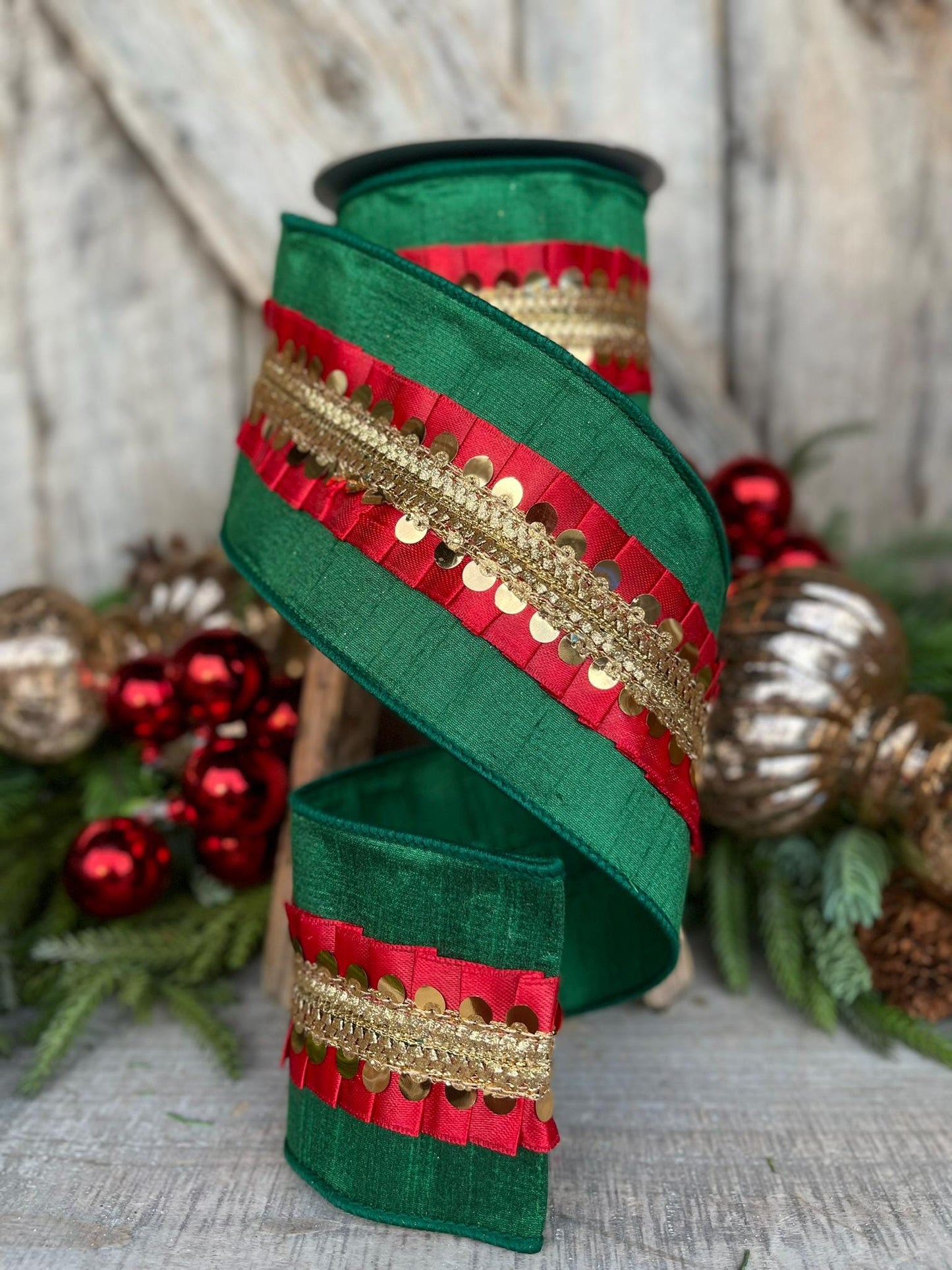 4" Red Green Nutcracker Frills, Farrisilk RIbbon, Wired RIbbon