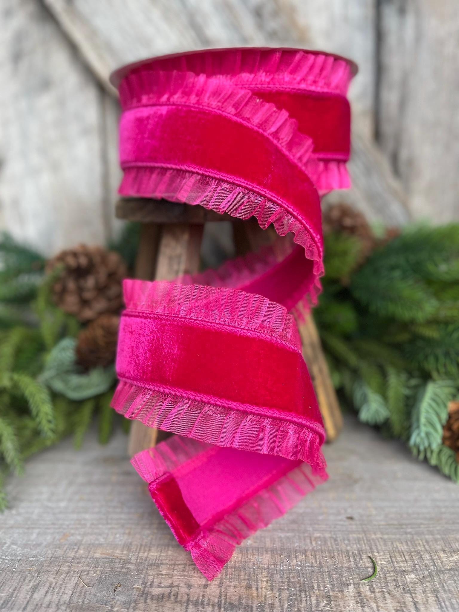 3" Hot Pink Ruffle Ribbon, Farrisilk Ribbon, Pink Christmas RIbbon