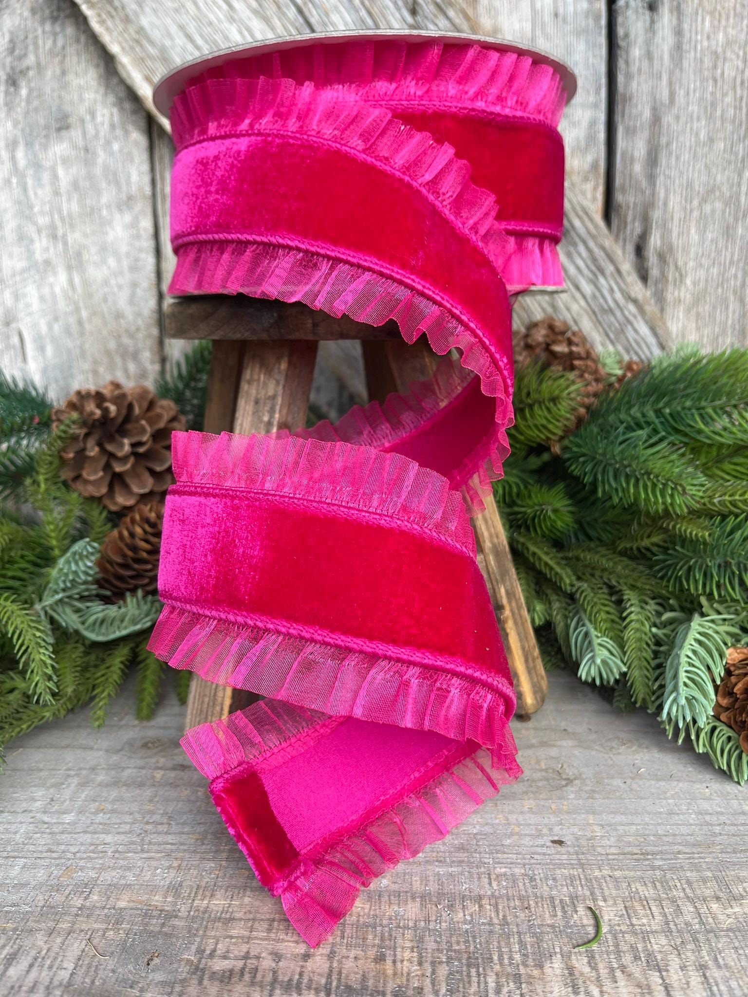 3" Hot Pink Ruffle Ribbon, Farrisilk Ribbon, Pink Christmas RIbbon