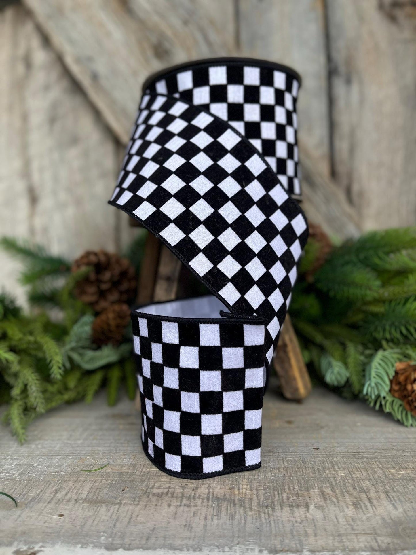 4" Black and White Retro Checks Ribbon, Farrisilk Ribbon