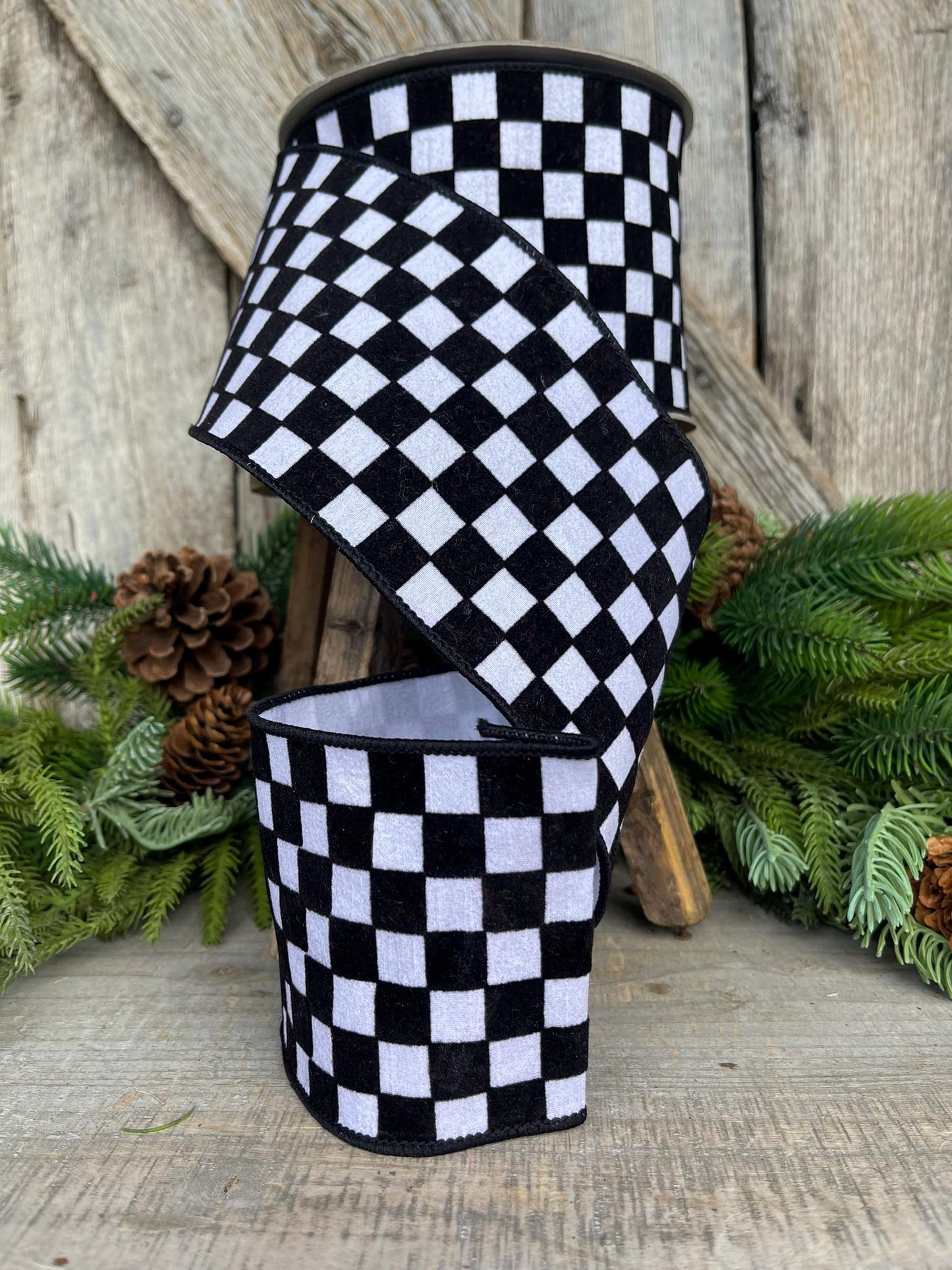 4" Black and White Retro Checks Ribbon, Farrisilk Ribbon