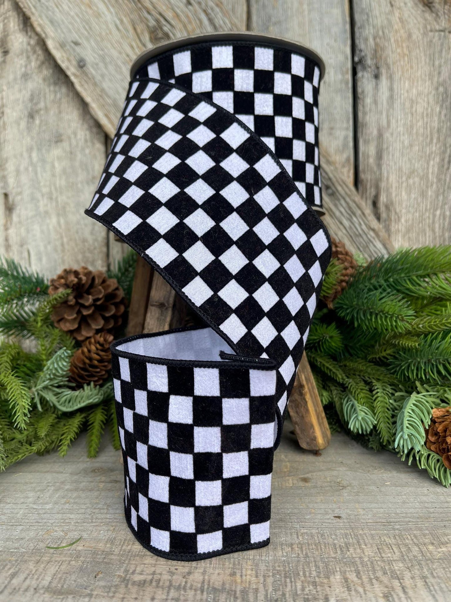 4" Black and White Retro Checks Ribbon, Farrisilk Ribbon, Flocked Ribbon,Halloween Ribbon