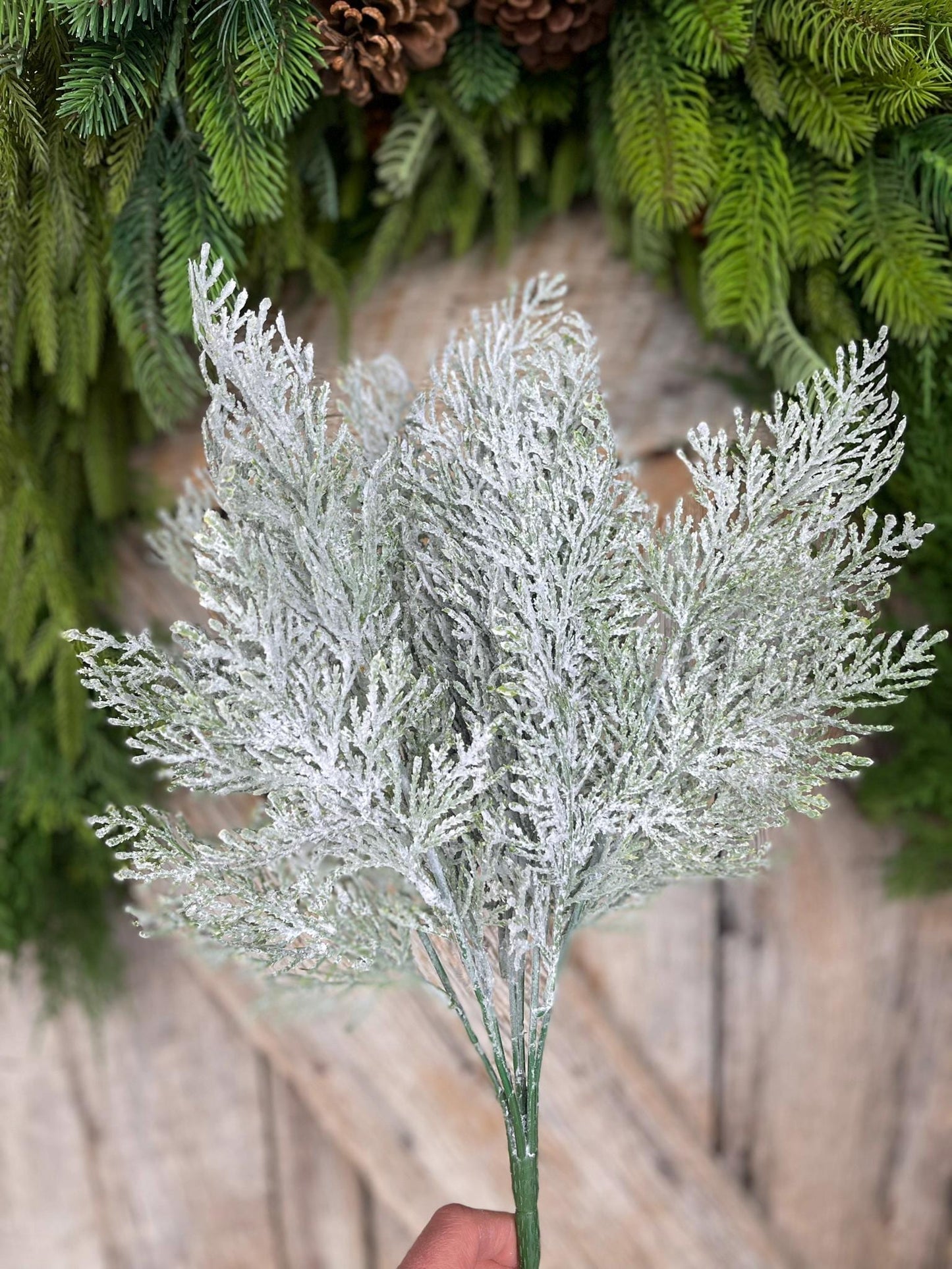 18" Frosted Cypress Pine Bush, Frosted Pine Bush, Artificial pine spray