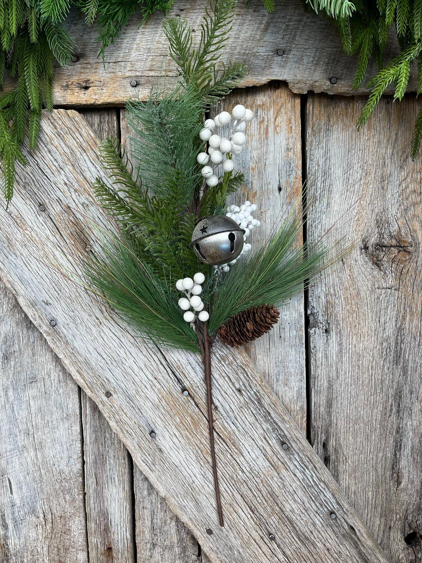 26" Pine Berry Bell Spray, Artificial Pine Spray, White Berry Spray