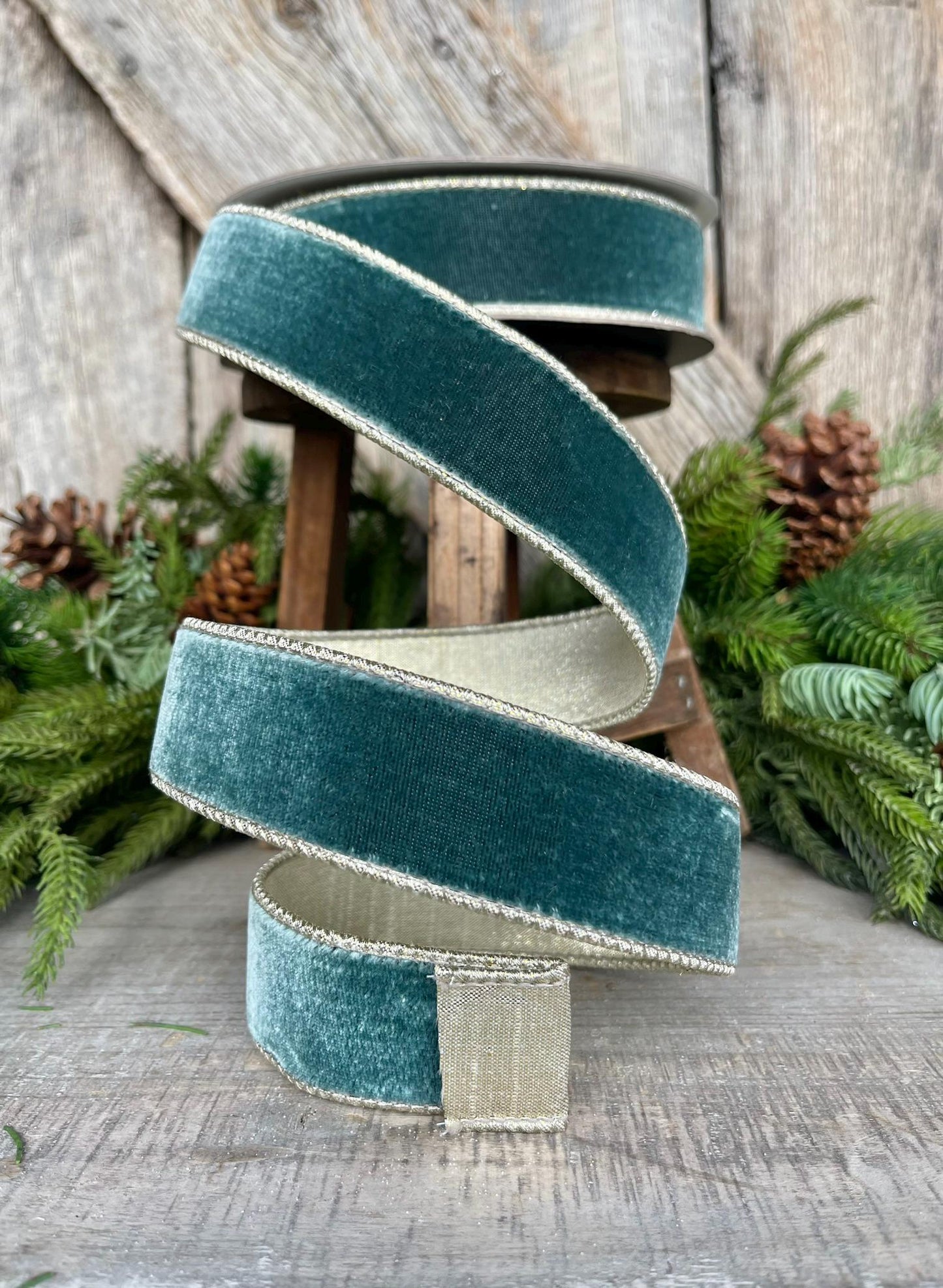 1.5" Teal Celadon Flashy Velvet Ribbon, Farrisilk ribbon, Christmas Velvet