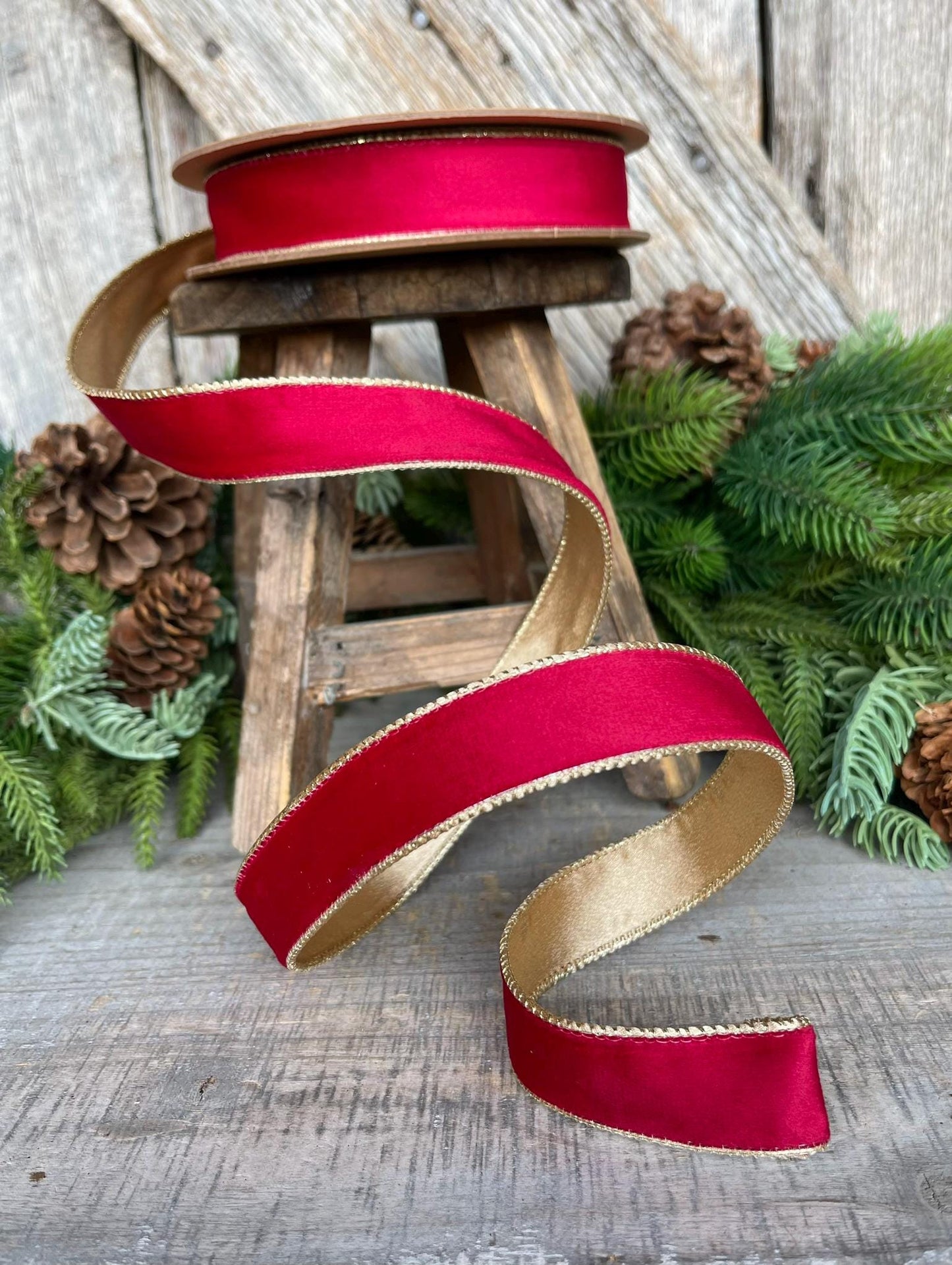 1" Red Gold Velvet Ribbon, Red Velvet Ribbon