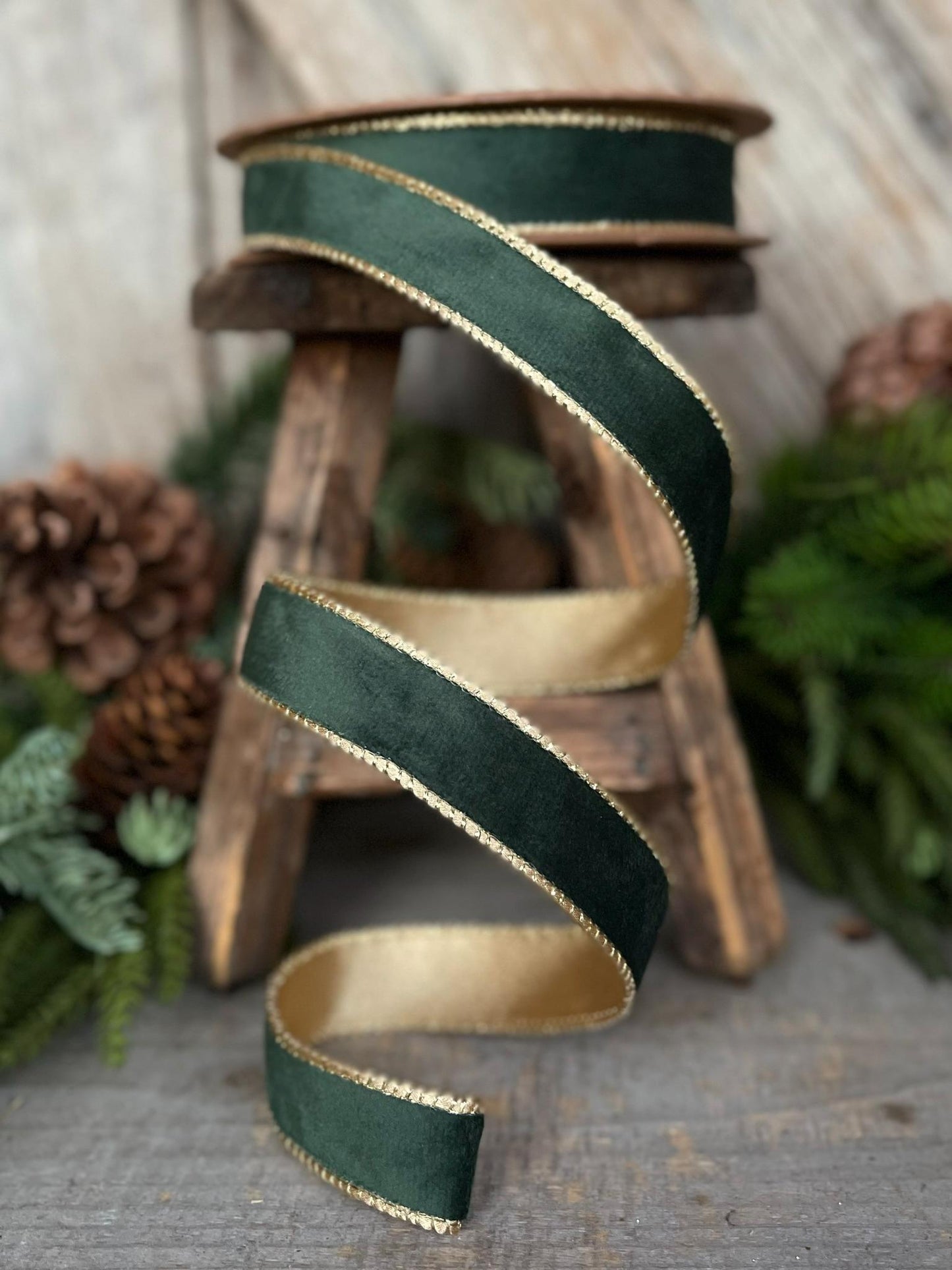 1" Green Velvet Ribbon, Green & Gold Velvet Ribbon