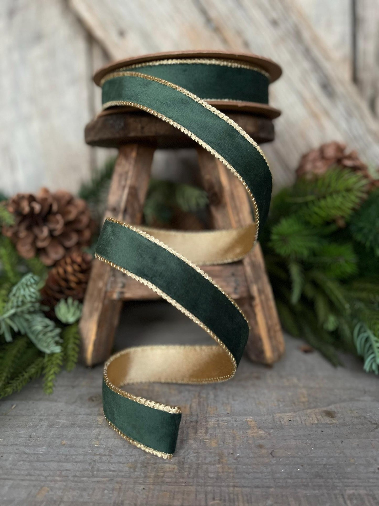 1" Green Velvet Ribbon, Green & Gold Velvet Ribbon