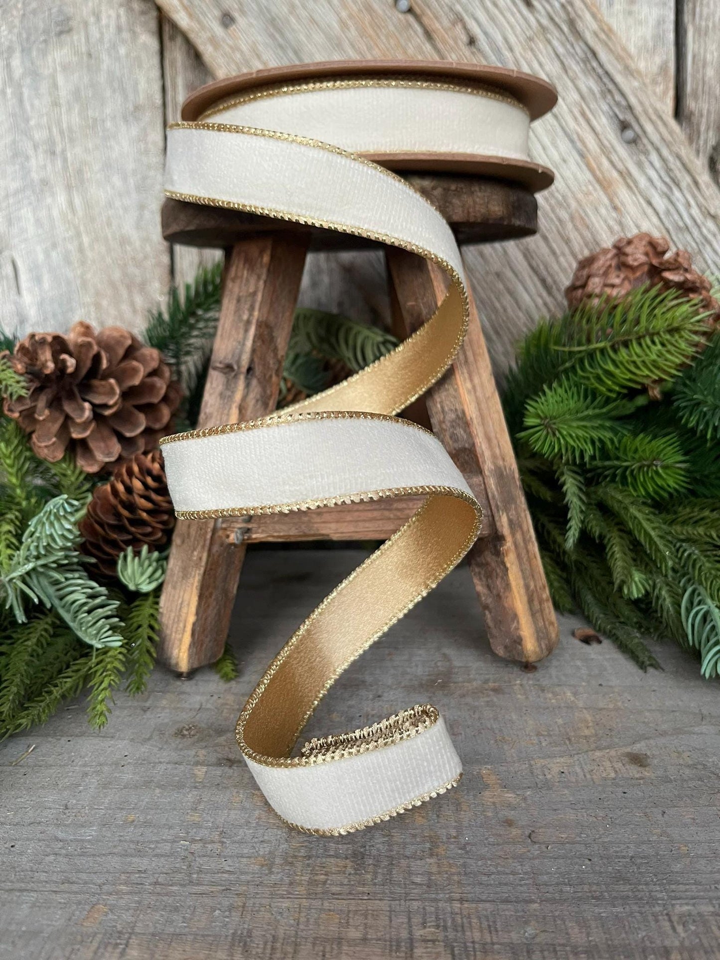 1" Ivory Velvet Ribbon, Ivory & Gold Velvet Ribbon