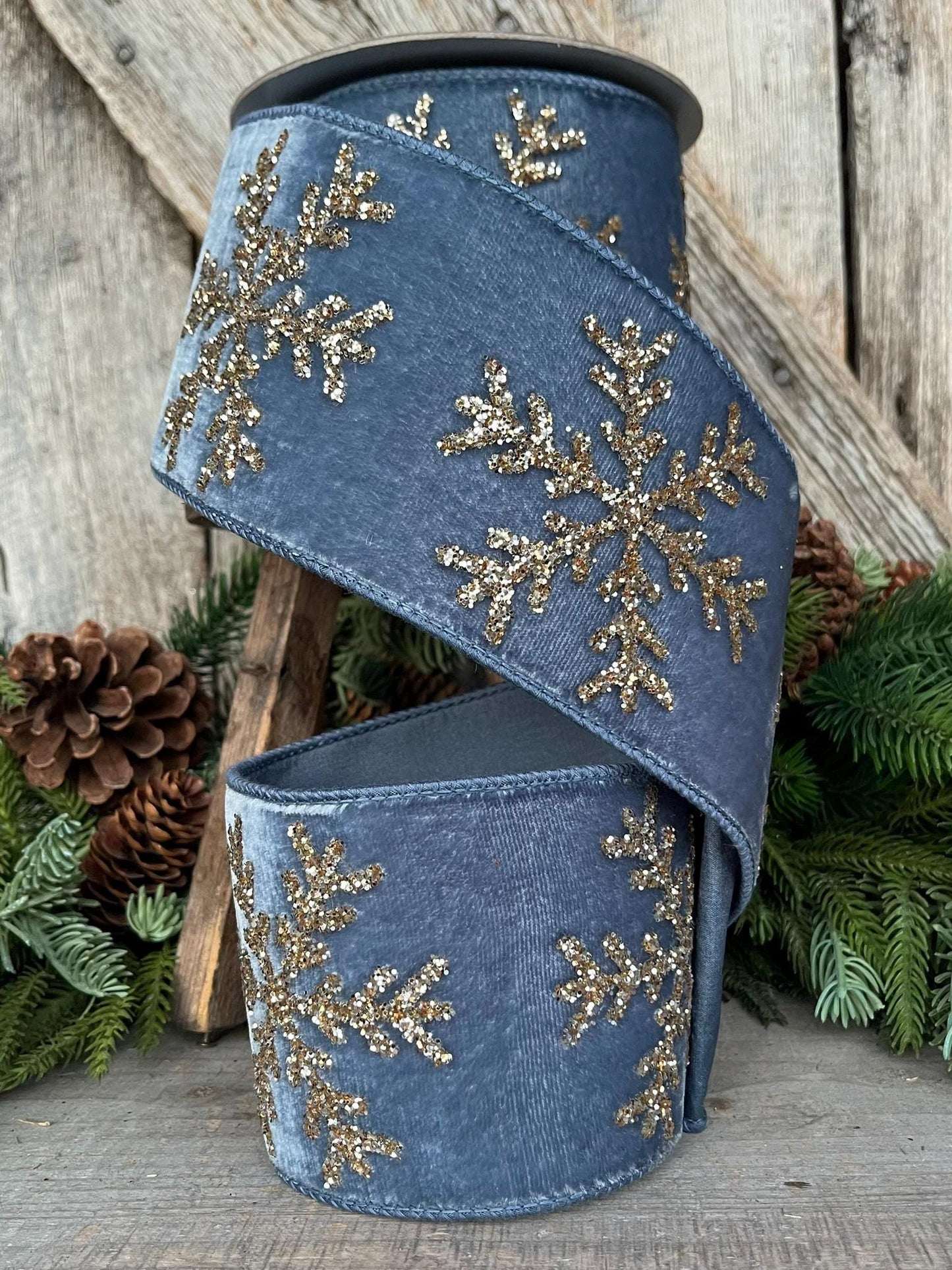 4" Steel Blue Velvet RIbbon, GLitter Snowflake RIbbon, Farrisilk Ribbon