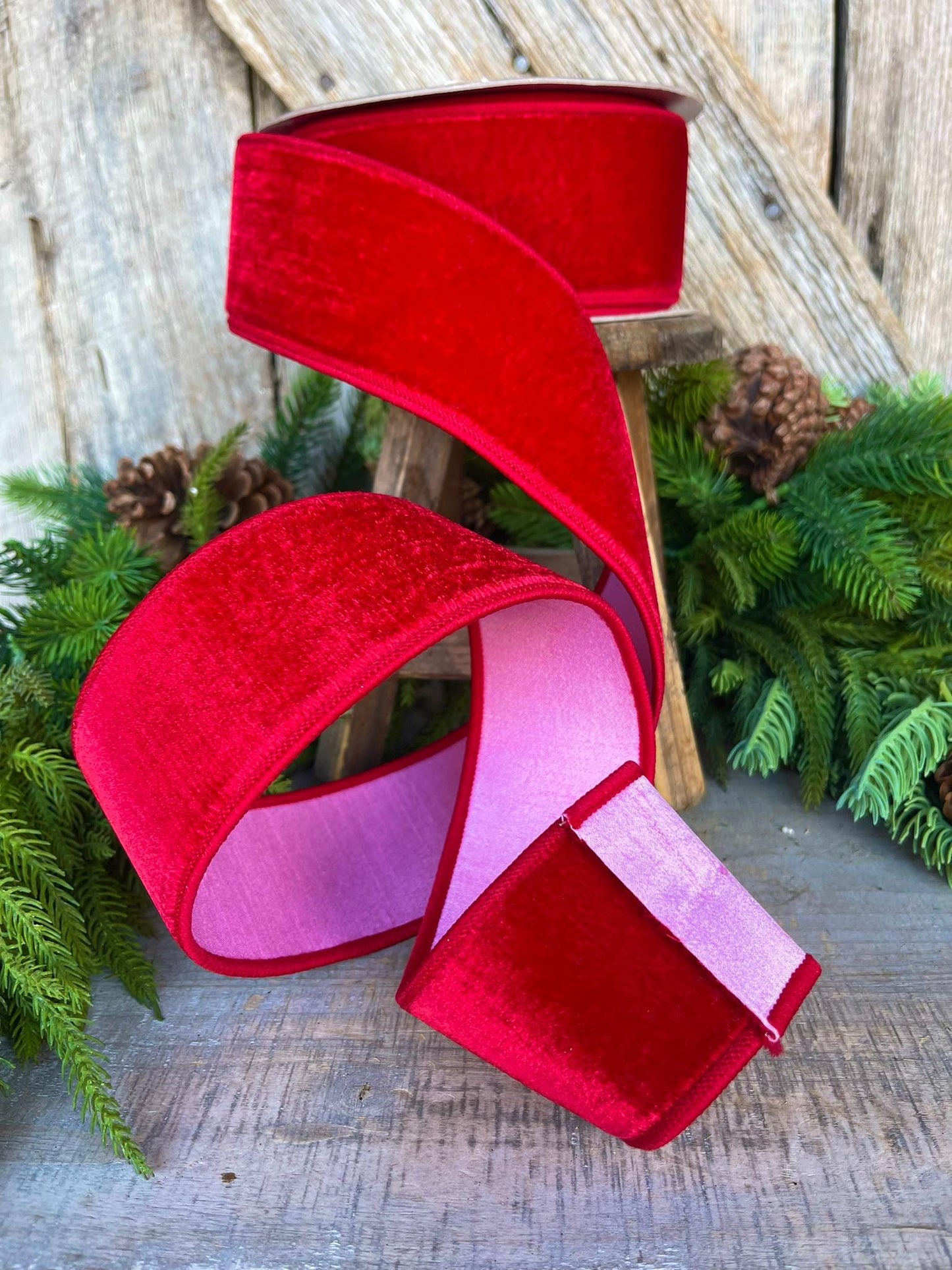2.5" Red Pink Velvet Ribbon, Farrisilk Ribbon, Wired Ribbon